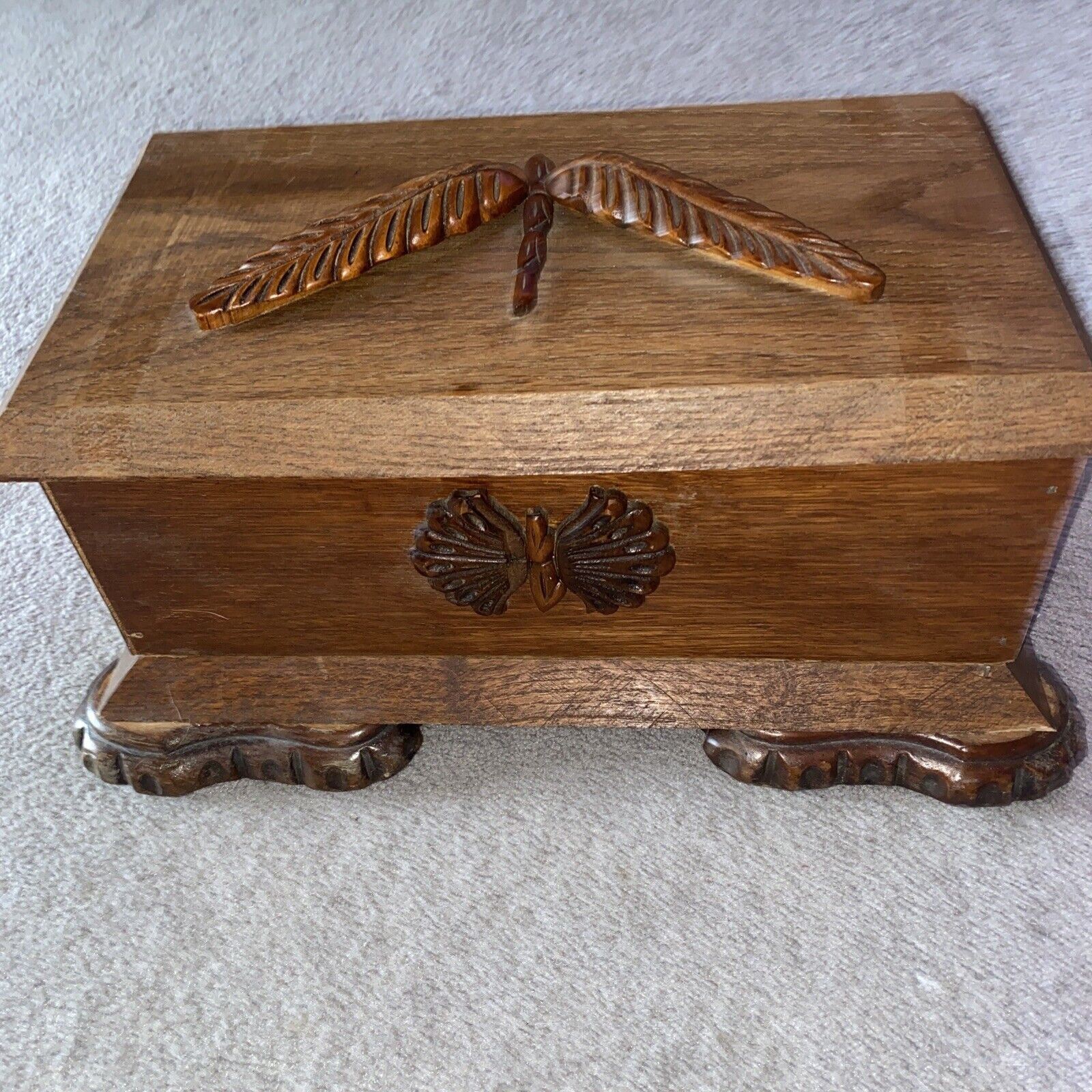 vintage handmade wooden keepsake or trinket box - Dragonfly