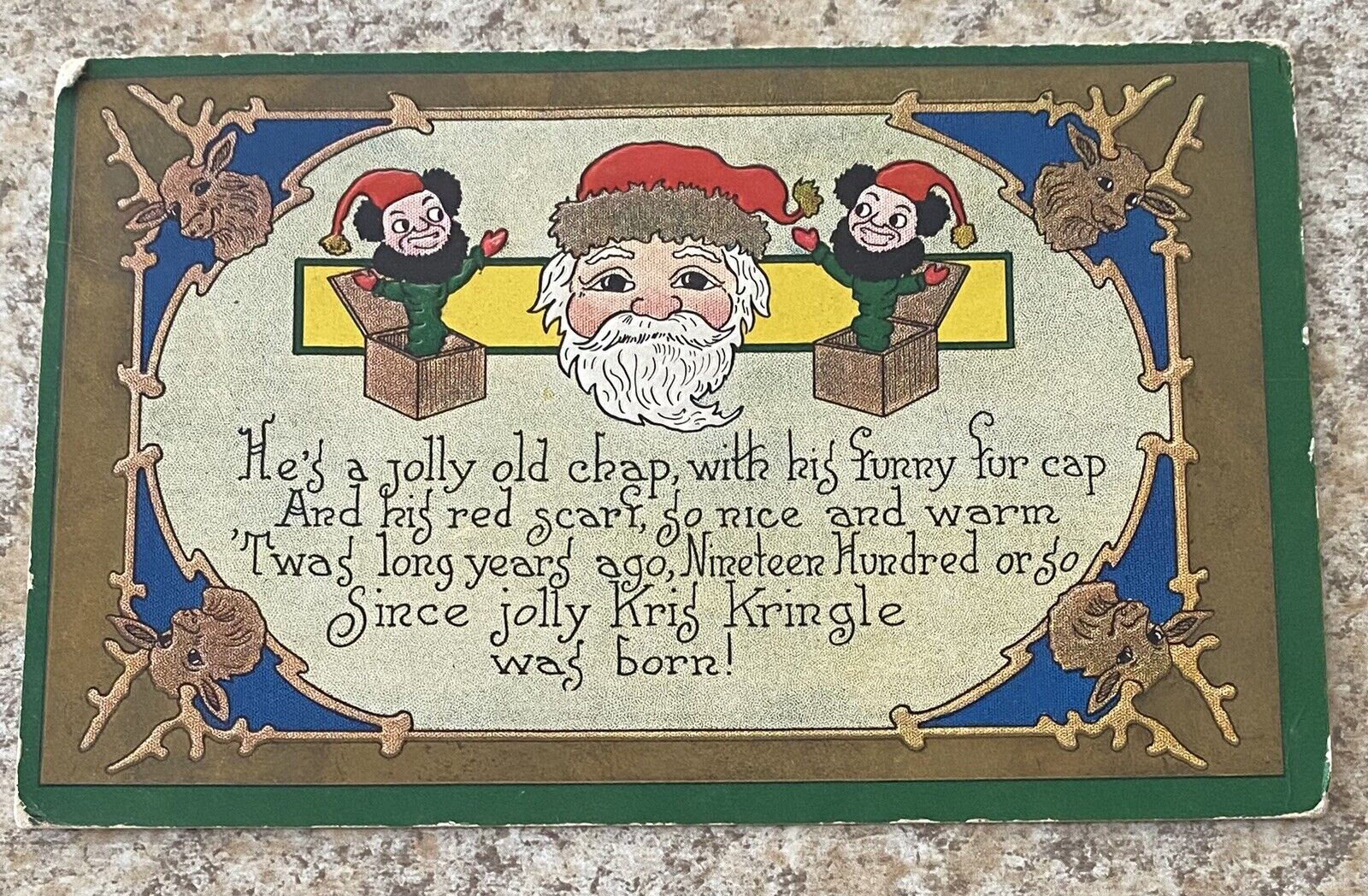Vintage 1909 Embossed Christmas Kris Kringle Santa Claus Divided Postcard