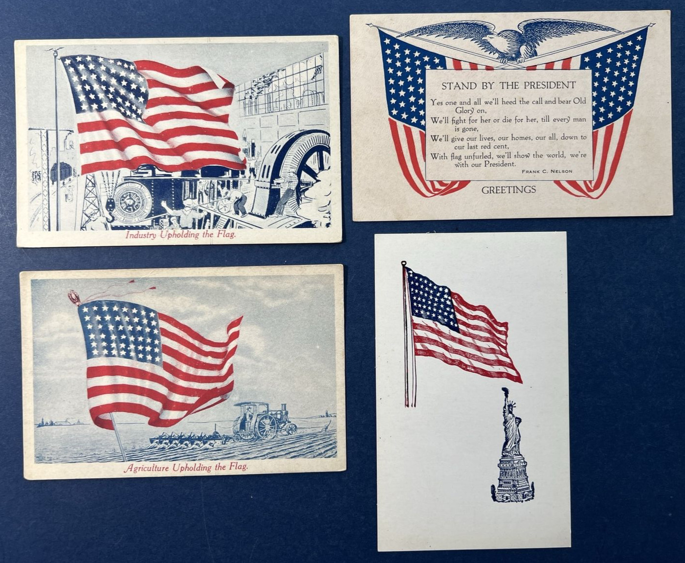 4 Patriotic Flags Antique Postcards. Agriculture, Industry, Statue of Liberty
