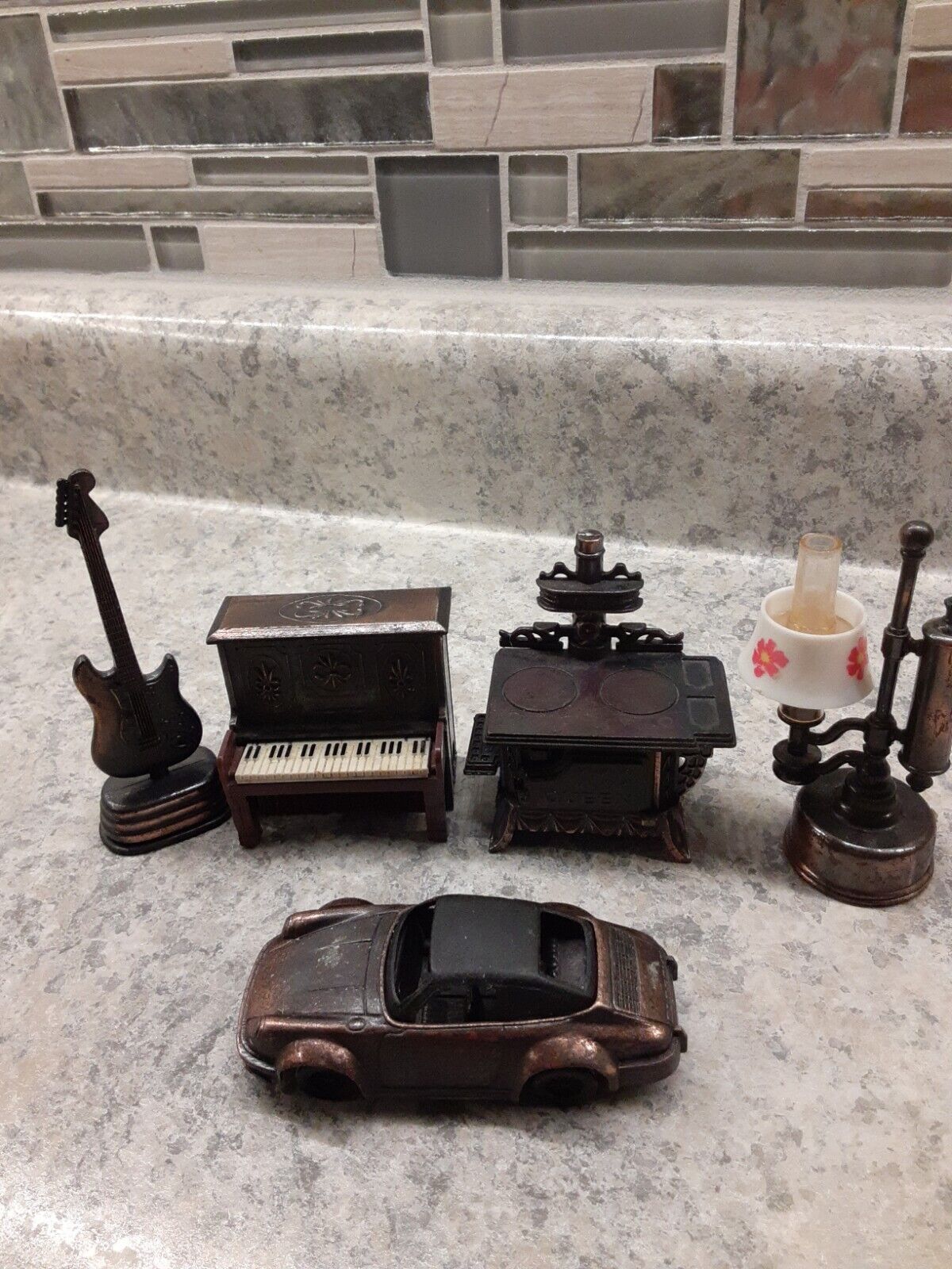 Lot of 5 Diecast Pencil Sharpeners Cookstove Piano Guitar Lamp Car Vintage