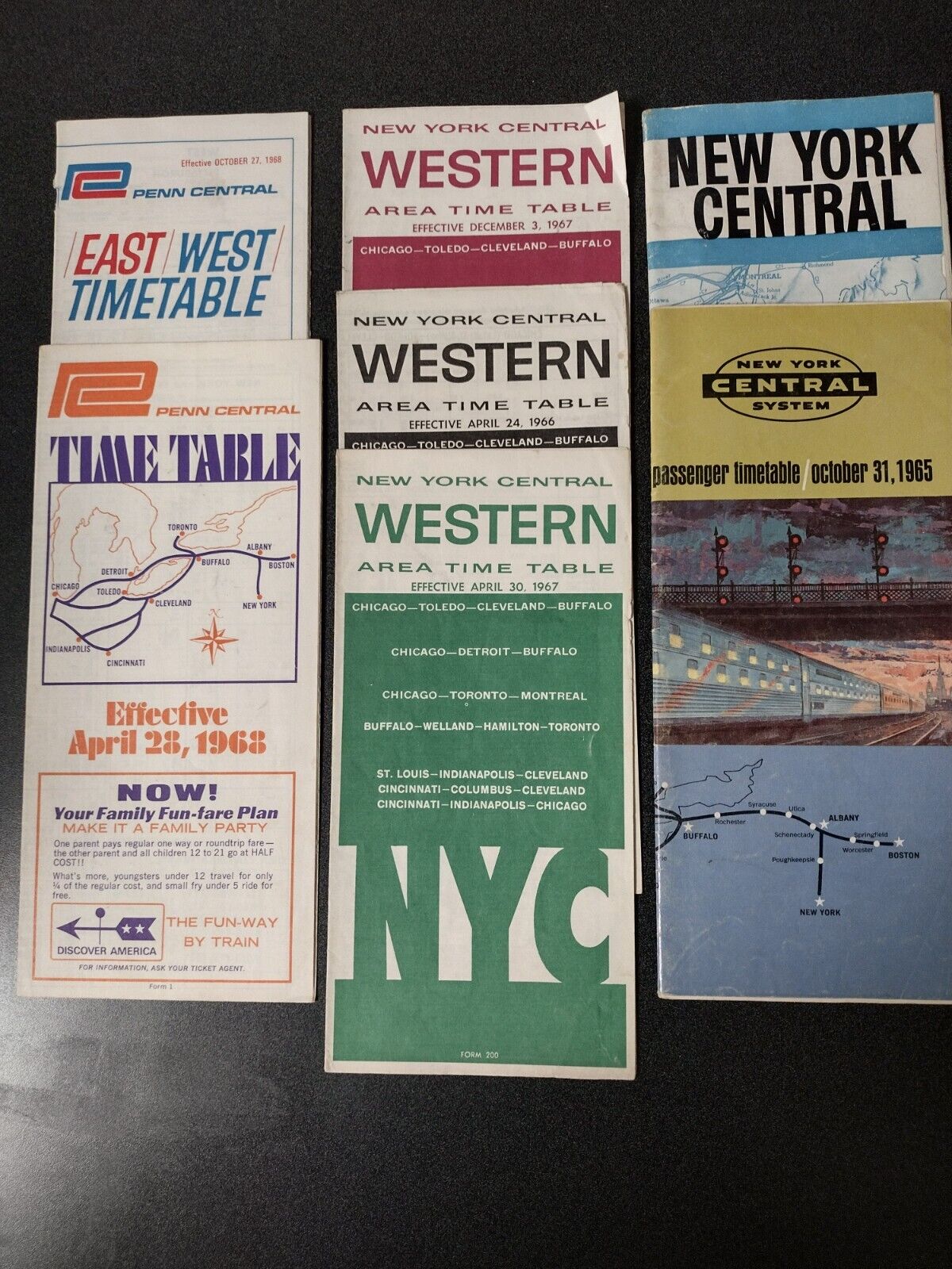 Lot of 7 New York Central and Penn Central timetables 1961-1968