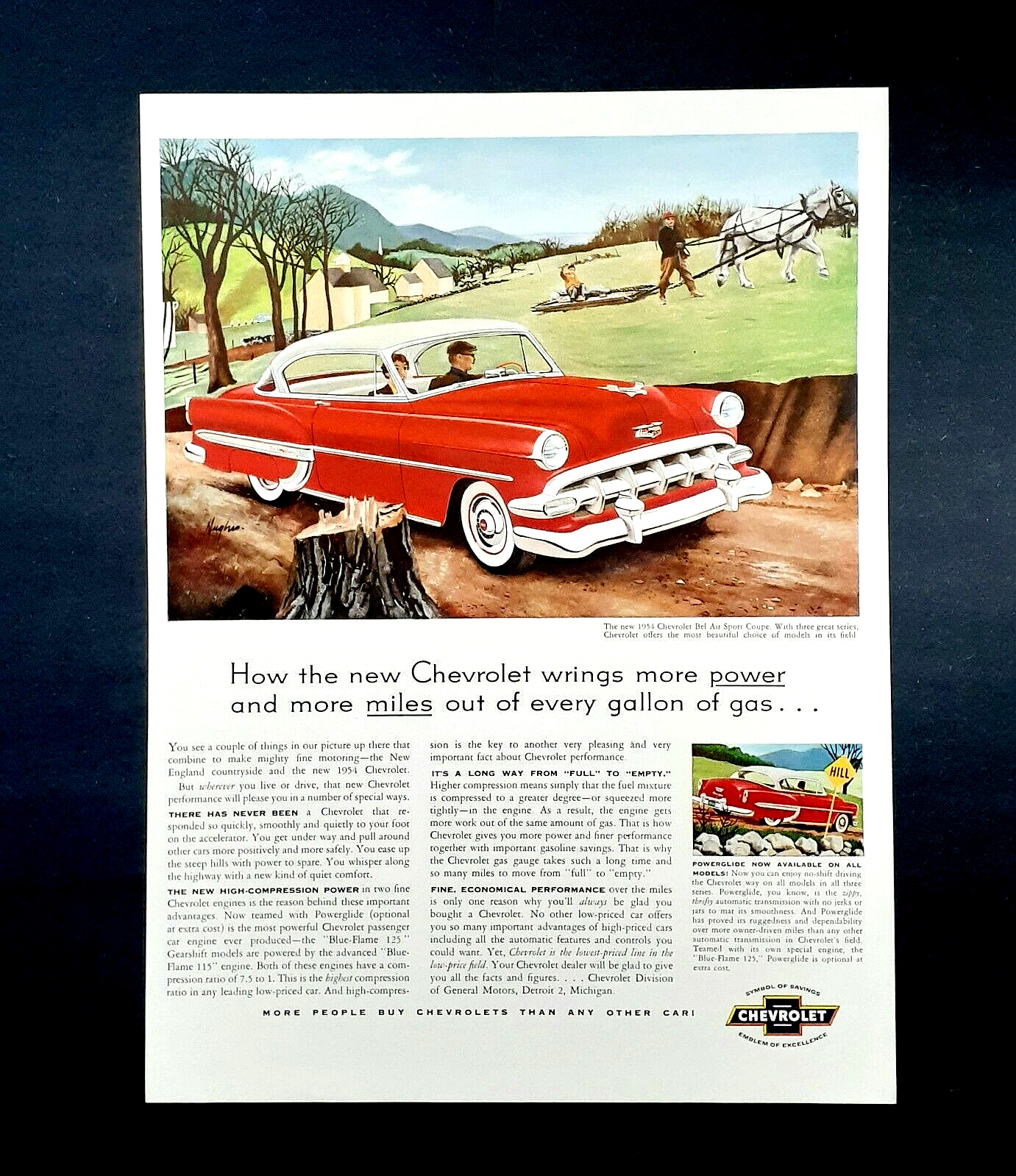 Chevy Bel Air car ad vintage 1954 red sport coupe automobile advertisement