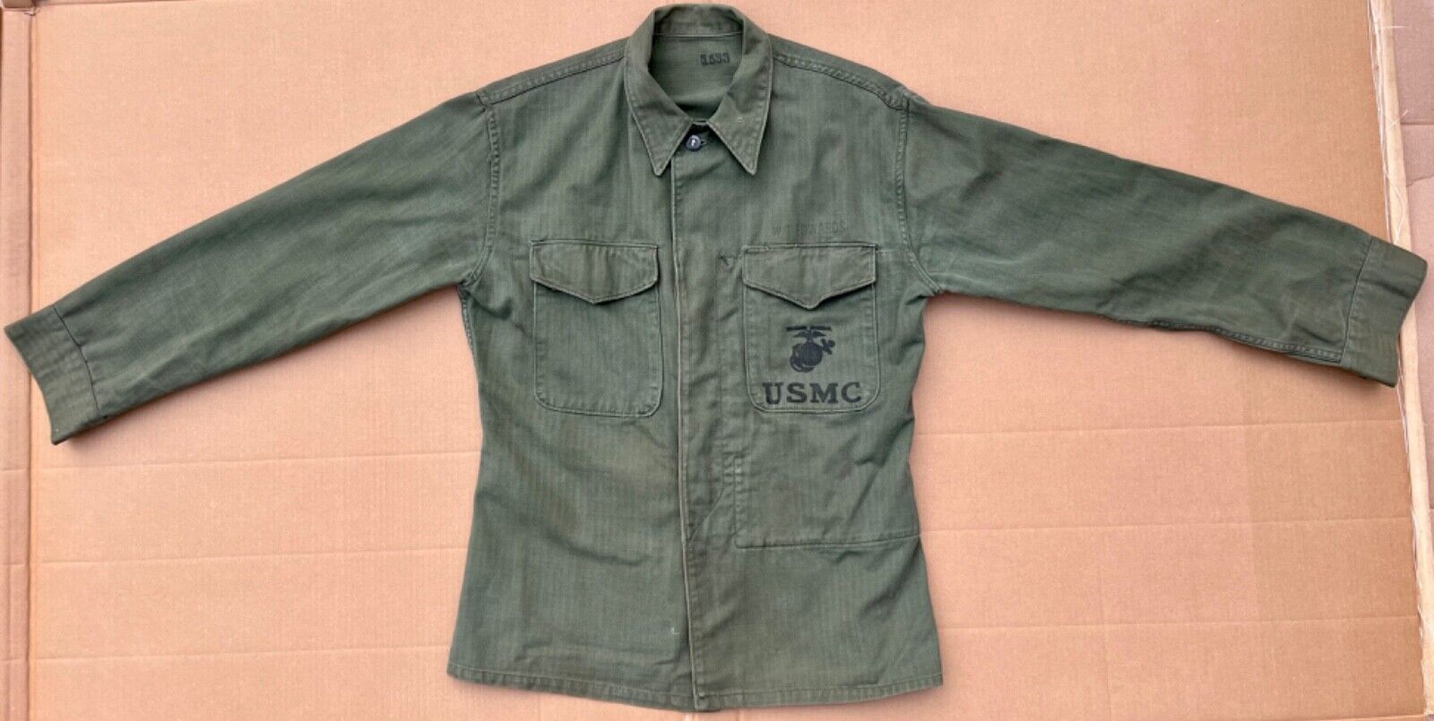 Post WWII ID’d USMC P-53 Korean War Era HBT Fatigue Shirt w/EGA Stencil