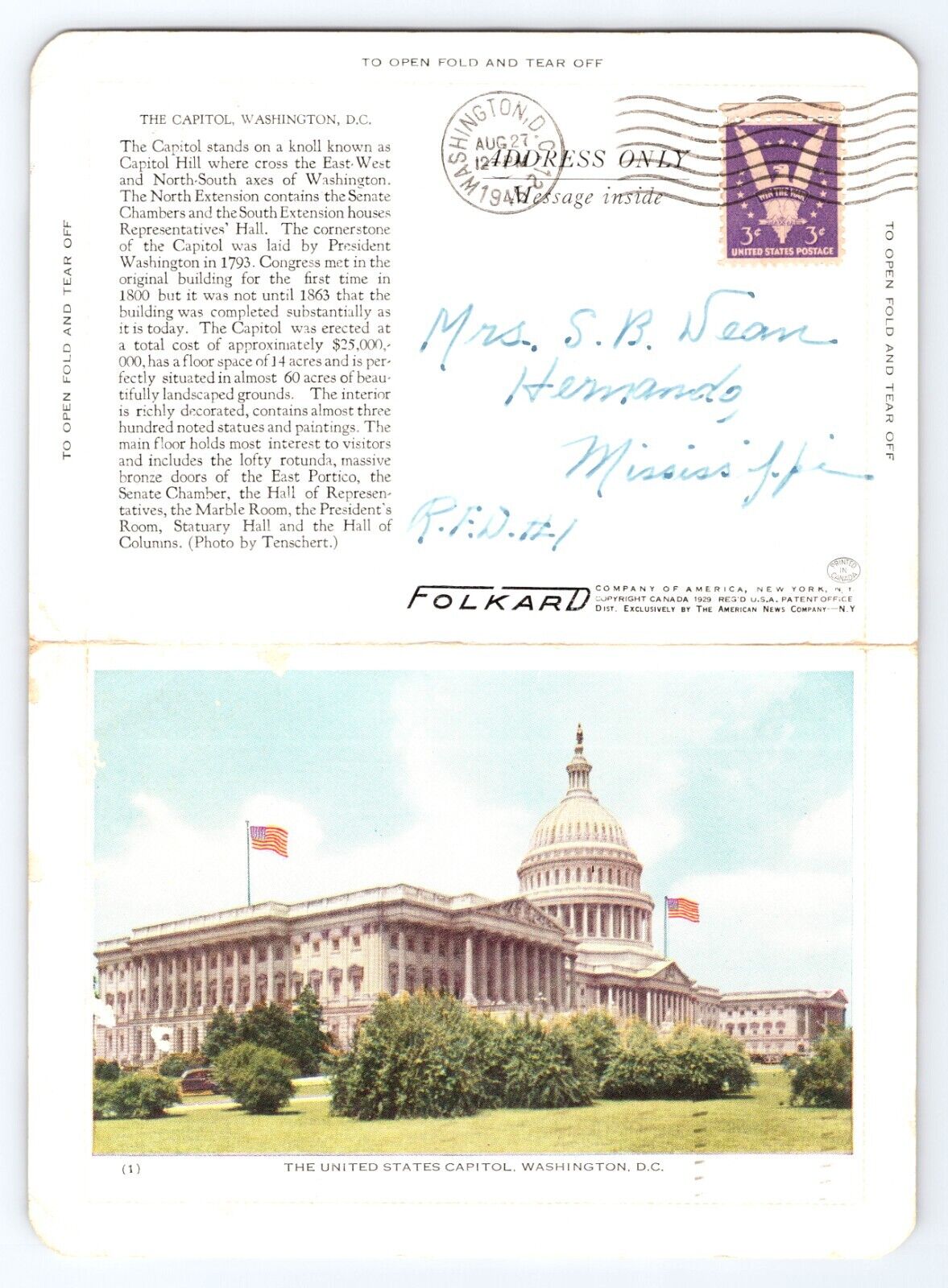 Vintage Old Postcard Folder White House Washington Flag 1945 Cancel