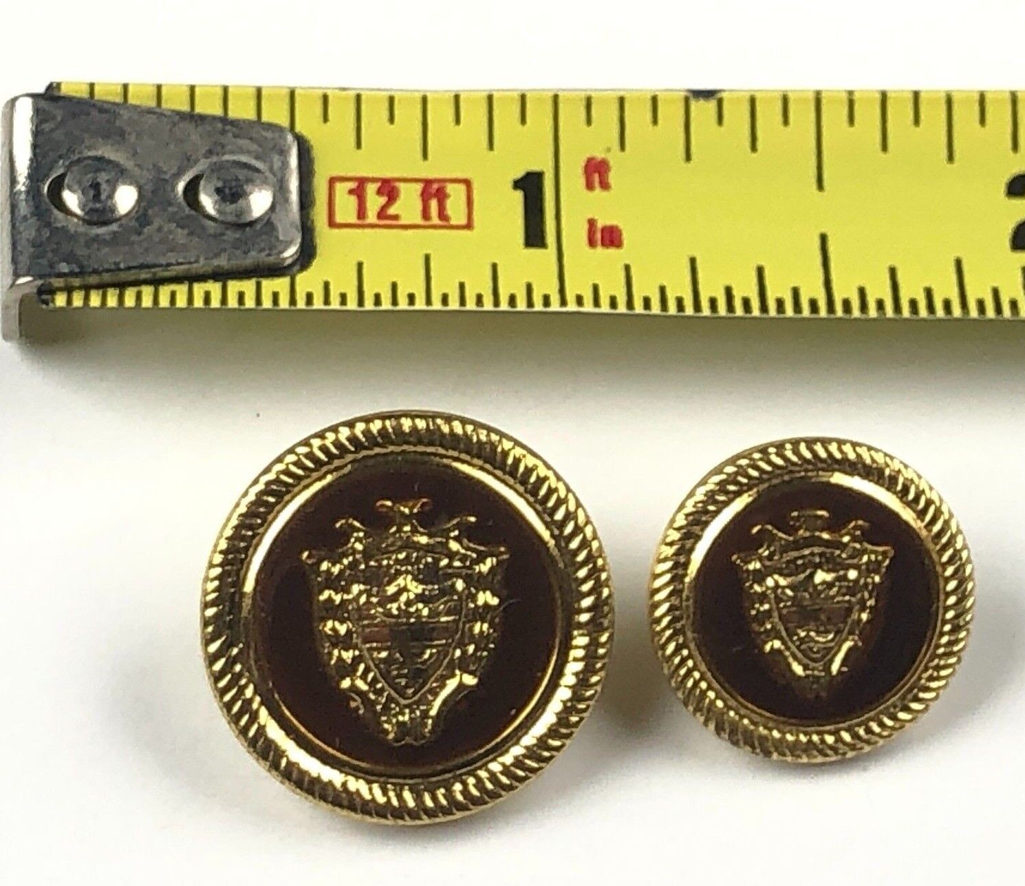 Vintage Gold Metal Buttons Lot x2 Embossed Black Enamel Crest Shank 1960s 1970s