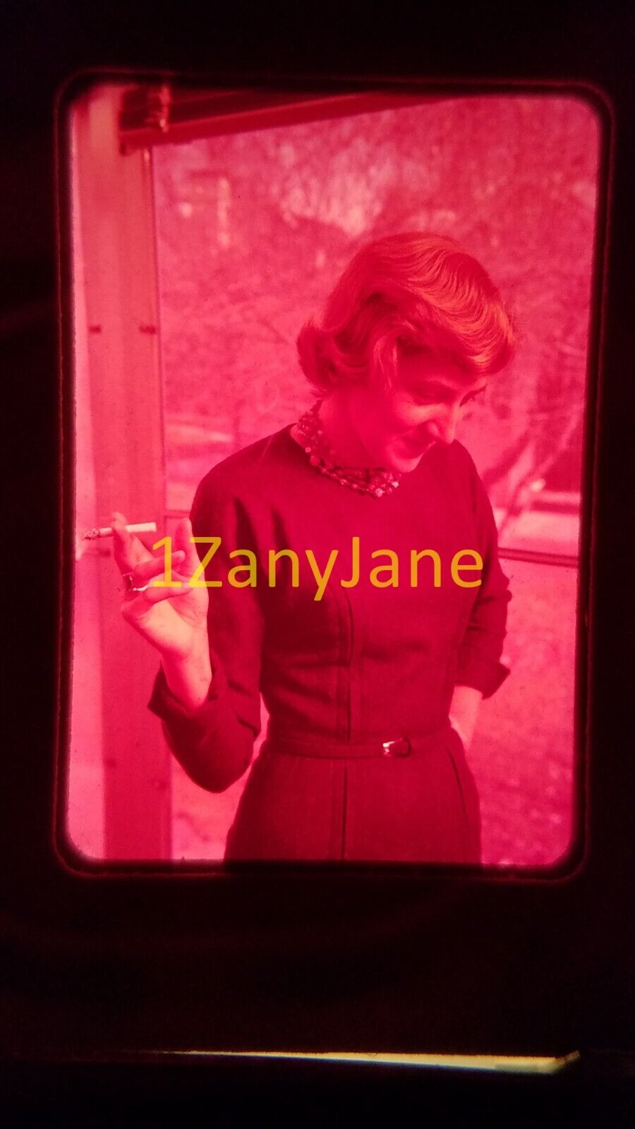 2906 vintage 35MM SLIDE photo **RED TINT** WOMAN IN DRESS SMOKING CIGARETTE