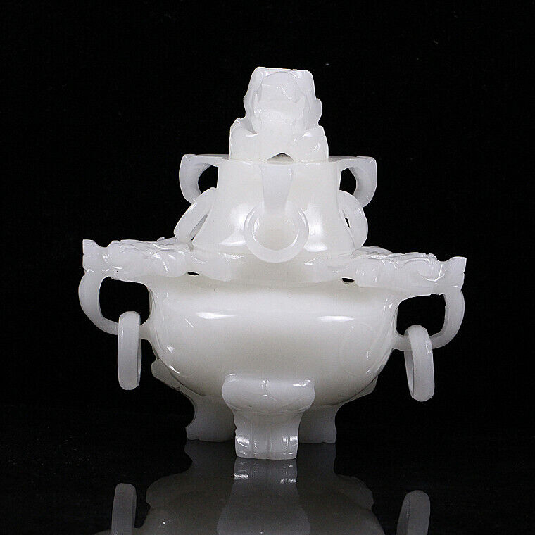 Chinese White Jade Carving Double Dragon Ear Ring 3 Foot Incense Burner Censer