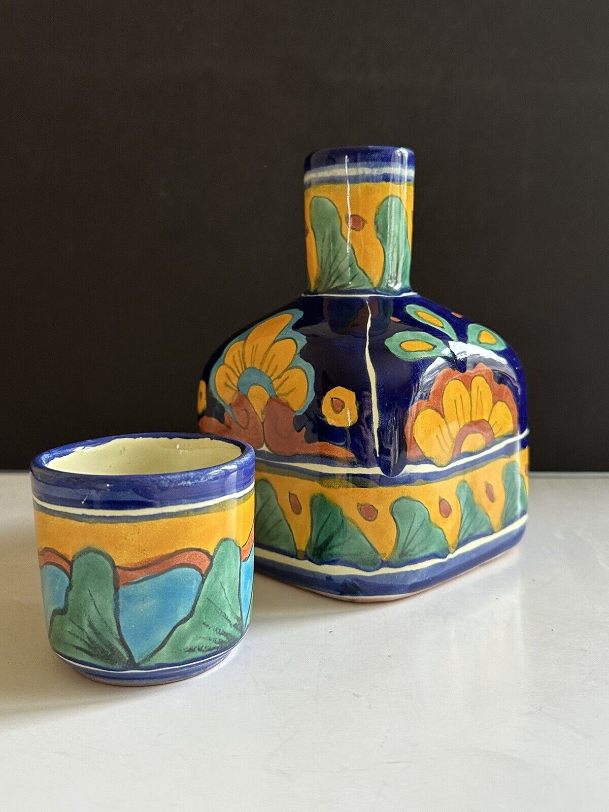 Talavera Mexico Pottery Hand Painted Tumble Up Folk Art Carafe Cup Vase Signed