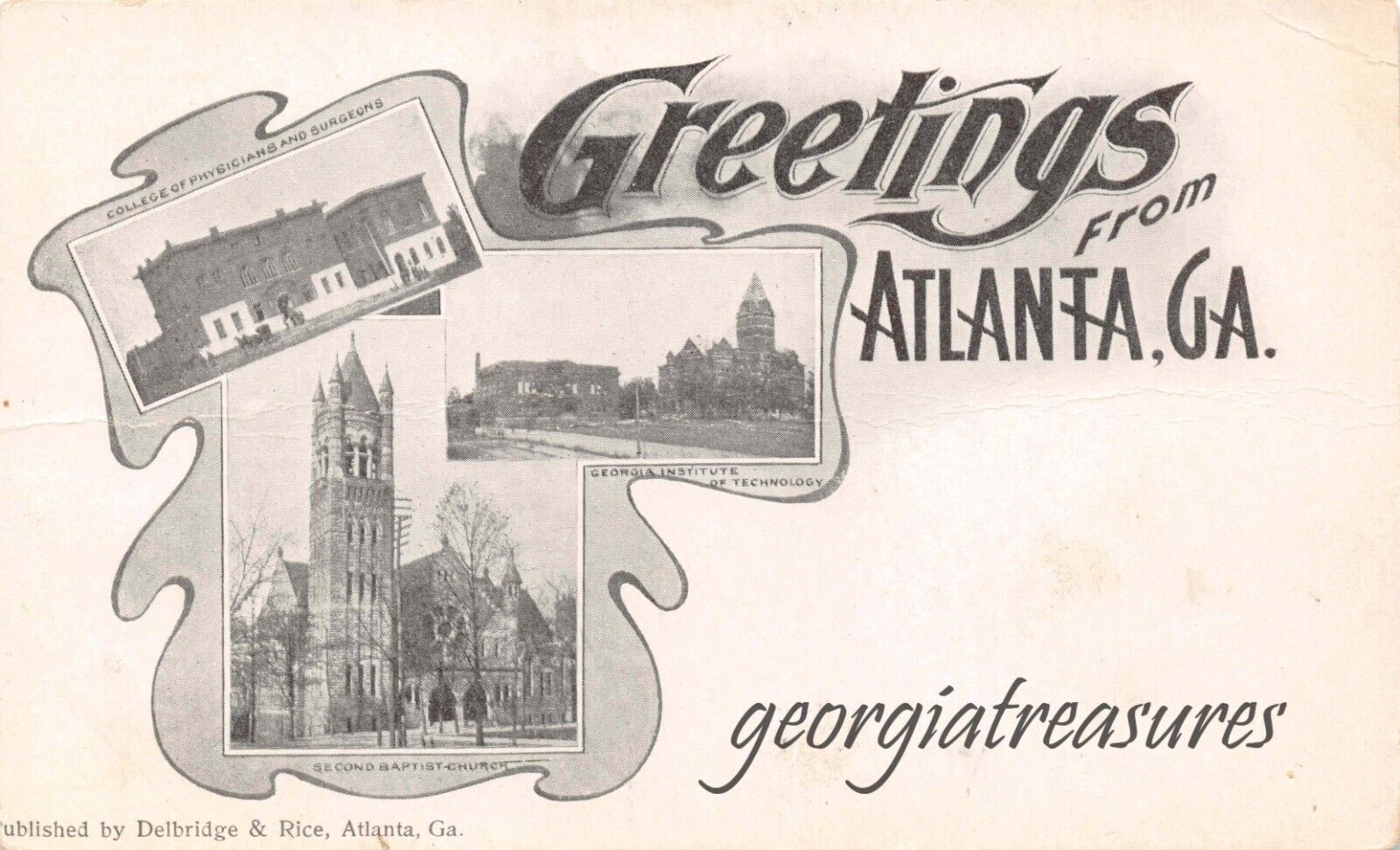 GA~GEORGIA~ATLANTA~GREETINGS FROM ATLANTA~SURGEONS~TECH~2ND BAPTIST (CREASED)