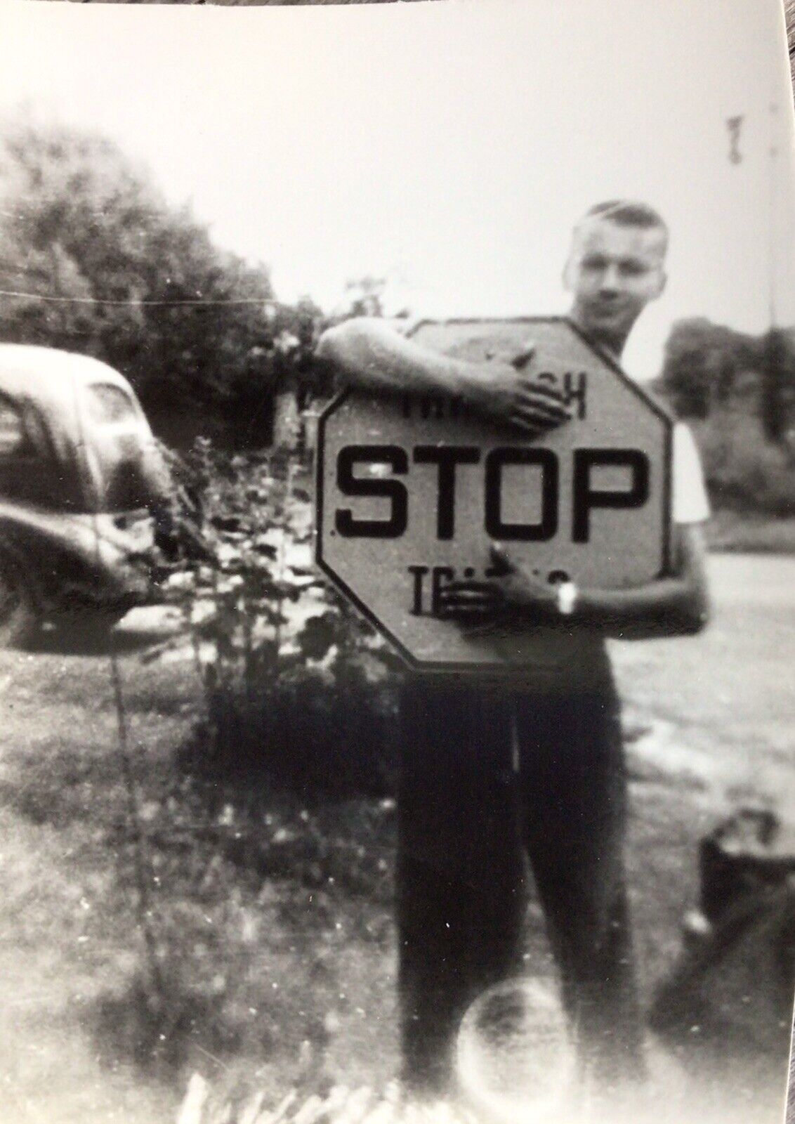 Vintage 1940’s PHOTO Handsome Young Man Holds STOP SIGN