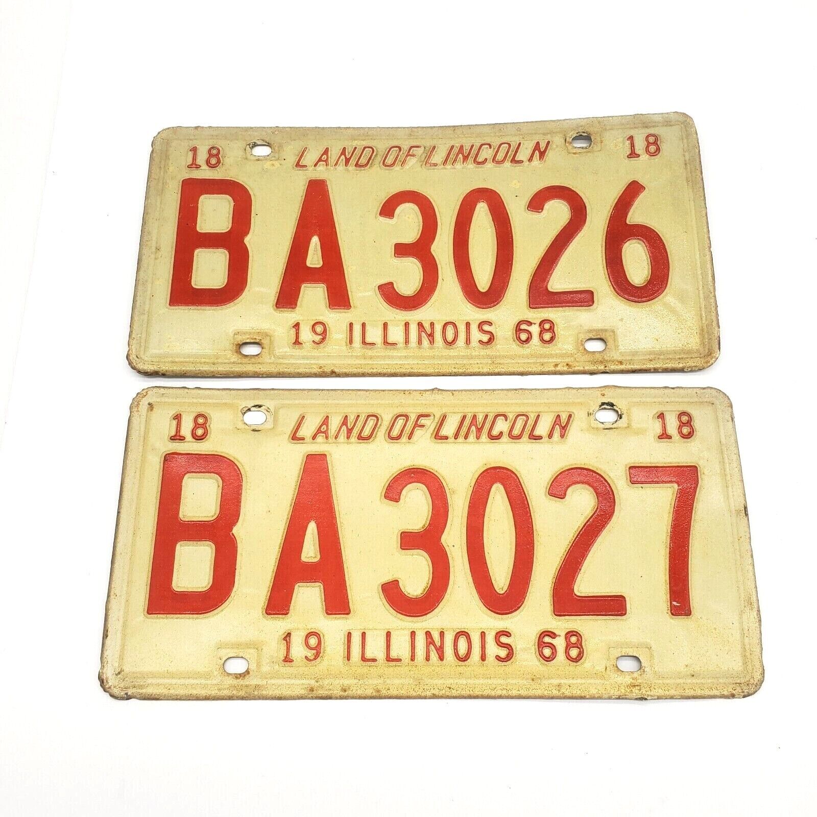 Rare two 1968 Illinois license Plate in consecutive numbers BA 3026 & BA 83027