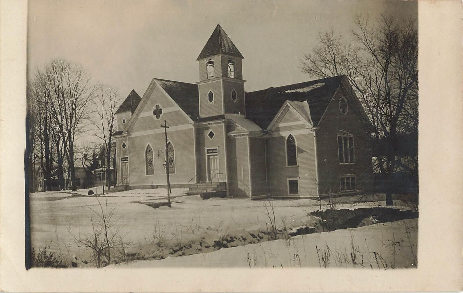 1910s RPPC Church Unknown Location Midwest Winter Snow Real Photo Postcard 