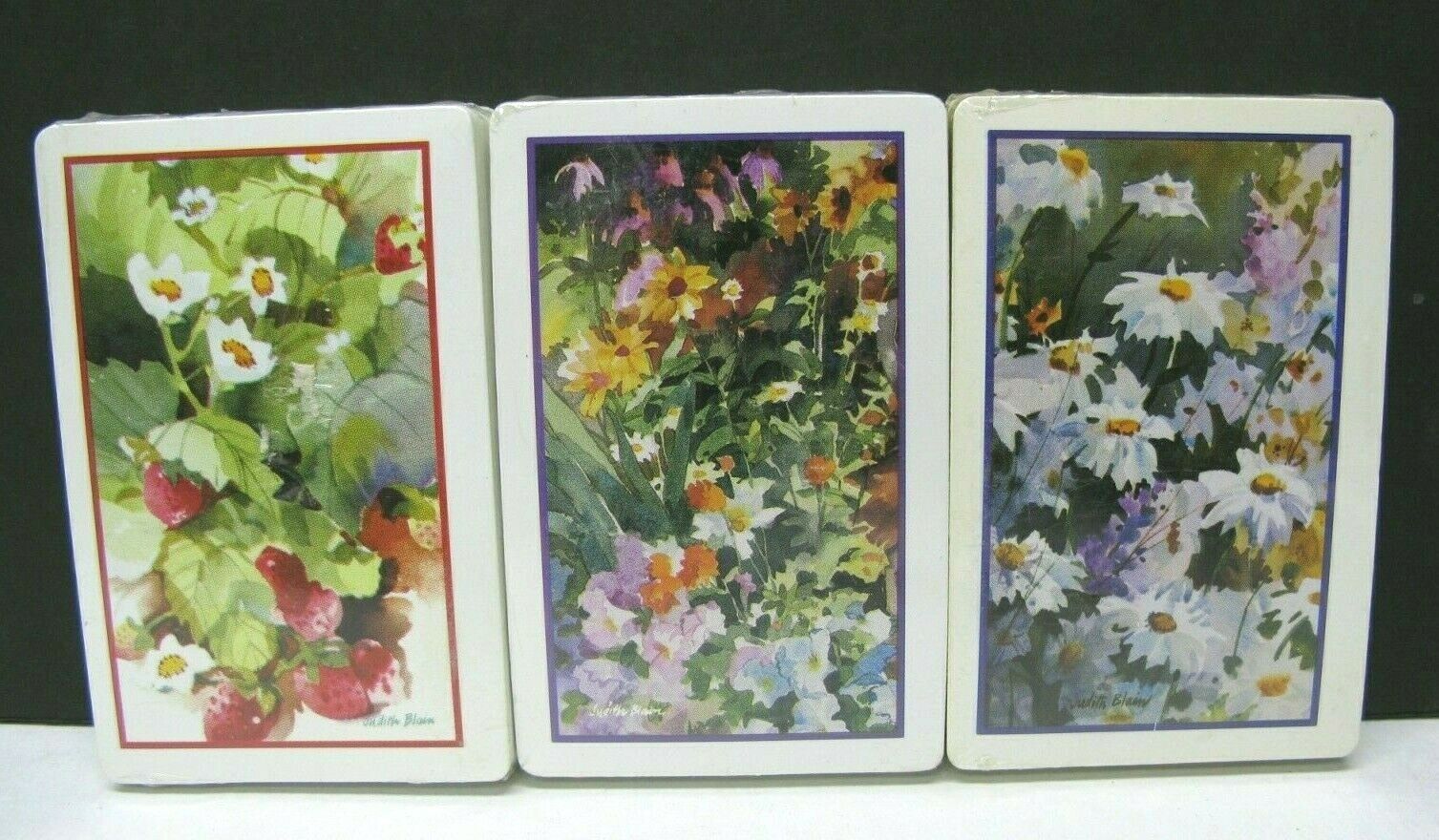 3 New Full Decks of Cards Judith Blain Watercolor Flowers Cottage Garden c1990s