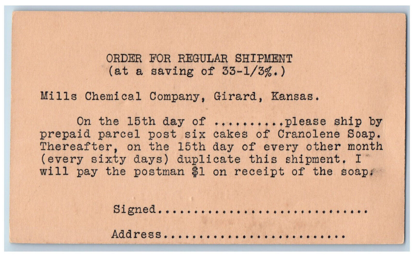 Girard Kansas KS Postal Card Order for Regular Shipment Mills Chemical c1940\'s