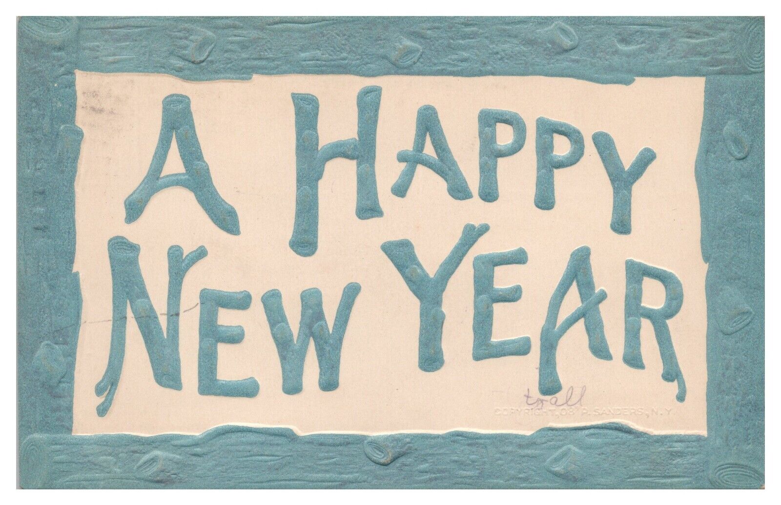 Vintage Embossed A Happy New Year Postcard c1908 Faux Blue Wood Frame