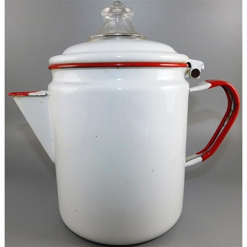99/2012 White with Red Trim Vintage Enamel Coffee Pot Pyrex Perk Top