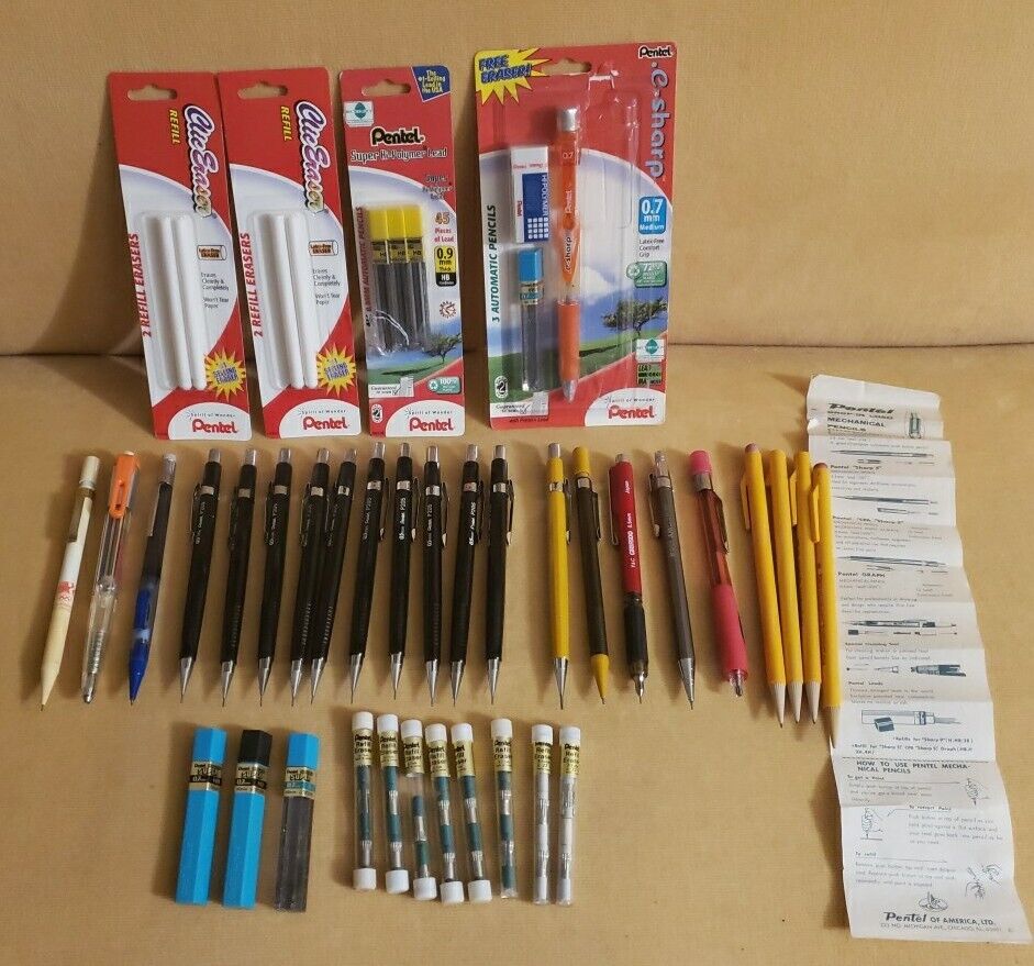 Vintage Lot of 15 Pentel Mechanical Pencil P205 209 with Lead & Erasers JAPAN