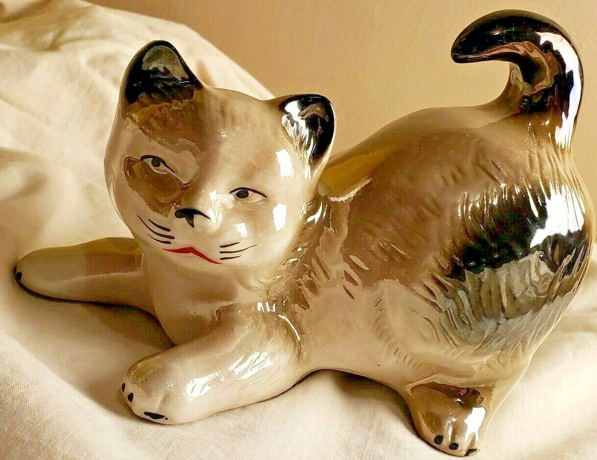 Vintage Glossy Ceramic Stretching Cat Figurine - Brown & Cream - Excellent Shape