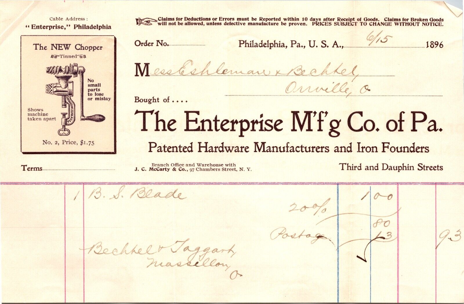 Enterprise Mfg Co Philadelphia 1896 Billhead Hardware Iron Founders Vignette