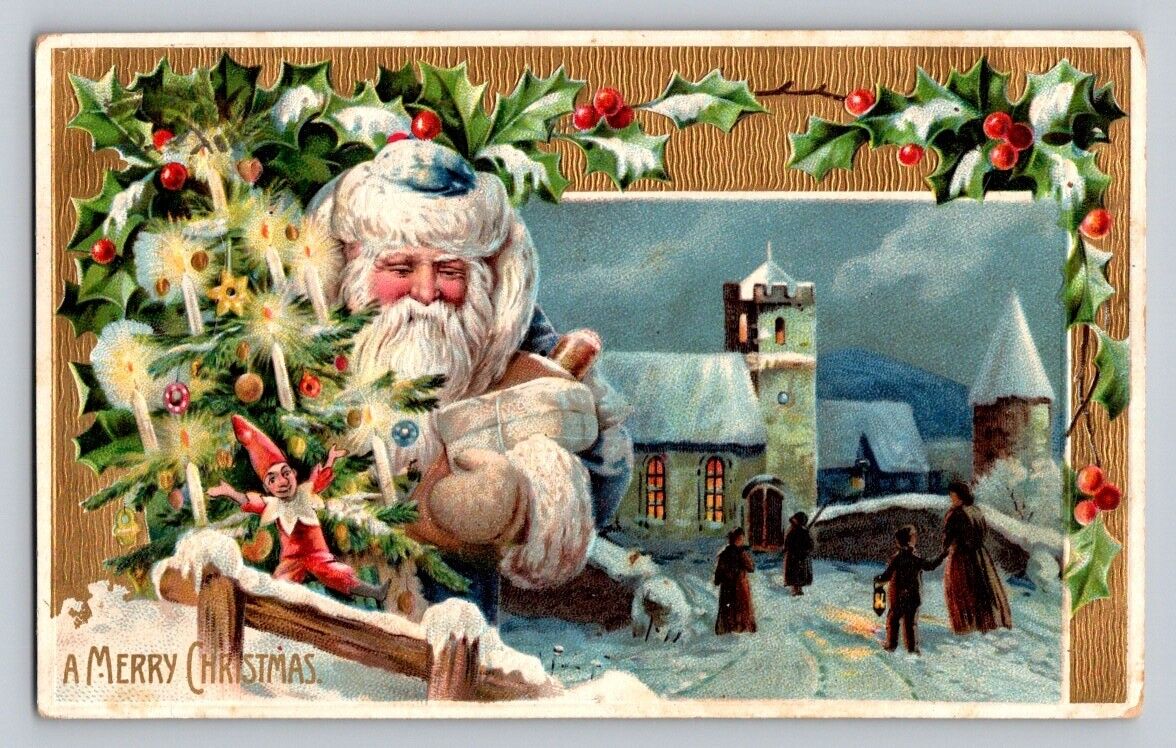 c1910 Blue Santa Claus Toys Tree Church Candle People Christmas P204
