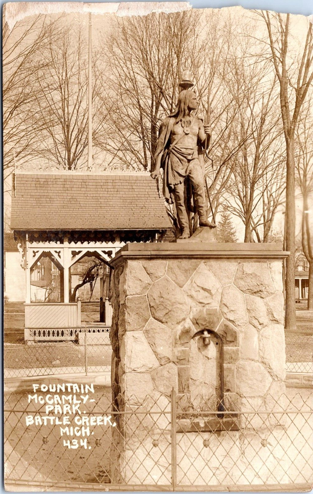 RPPC Indian Fountain, McCamley Park, Battle Creek, Michigan - Photo Postcard