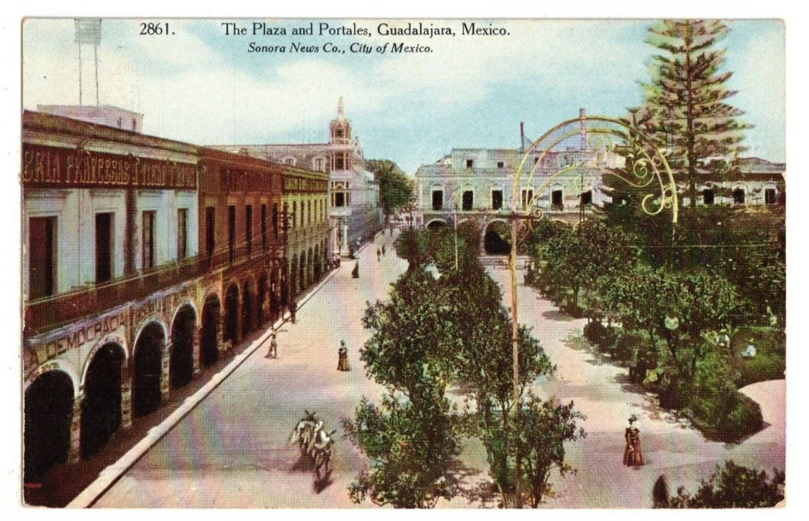 1938 PC: The Plaza and Portales, Guadalajara, Mexico – w/Stamp 