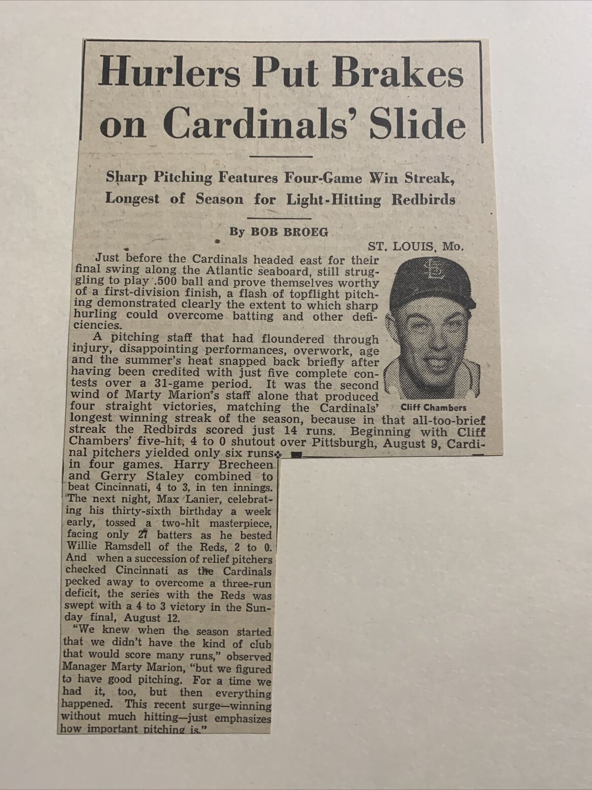 Cliff Chambers St. Louis Cardinals Slide 1951 Sporting News Baseball 4X7 Panel