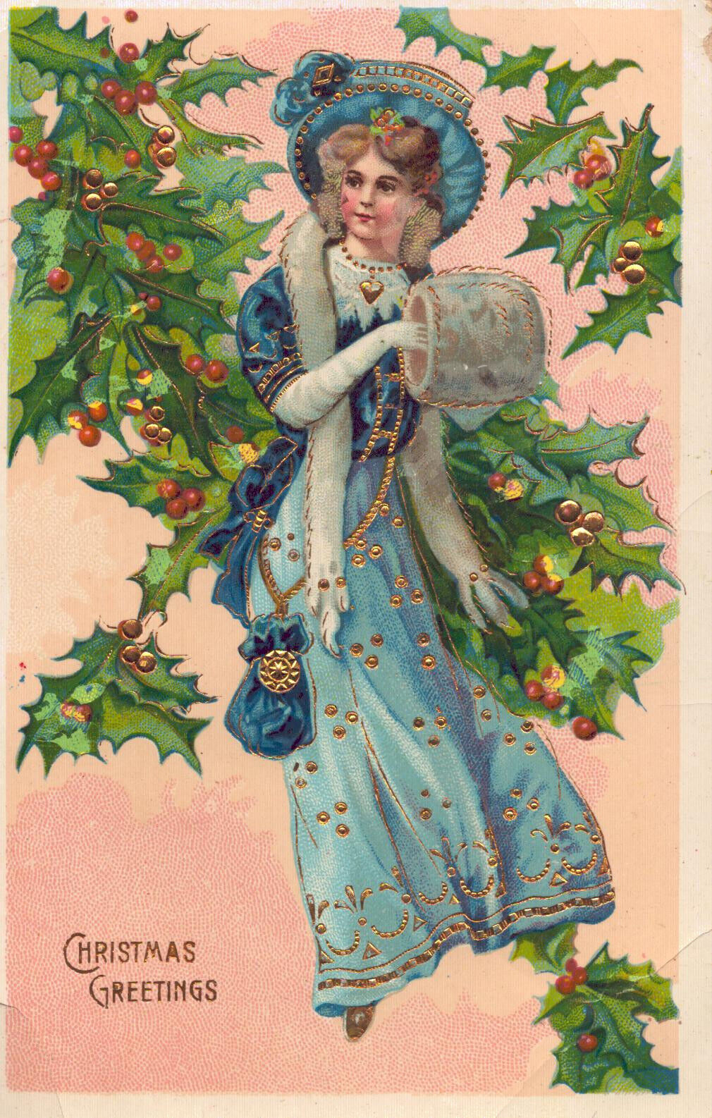 A739 Vtg Postcard Embossed Merry Christmas Floral Holly Bonnet Raised Gold Fleck