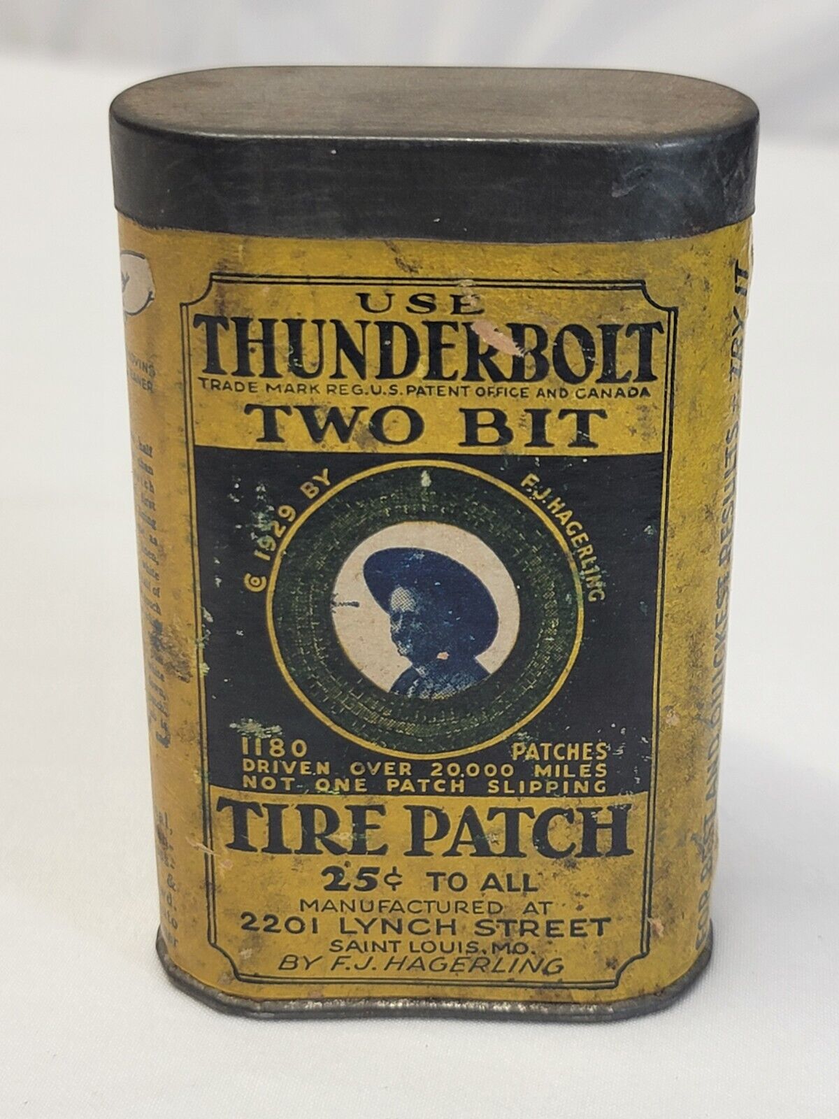 Vintage 1929 Thunderbolt Two Bit Tire Tube Patch Tin Hagerling St. Louis 25 Cent