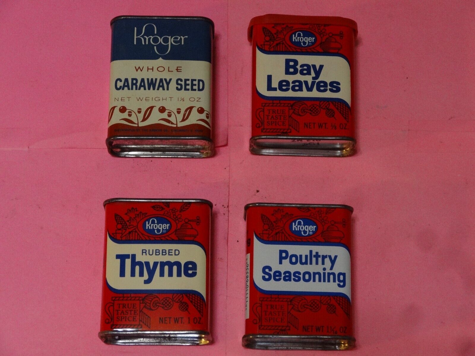 Vintage Lot of 4 Kroger Spice Tins: Bay Leaves, Caraway Seeds, Thyme & more