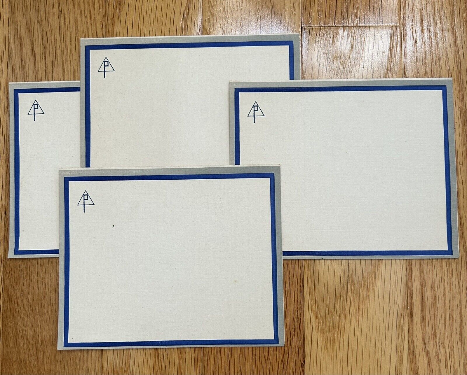 Vintage 4 Unused Note Cards Art Deco P Blue Stripe Paper 5”x4” Watermark