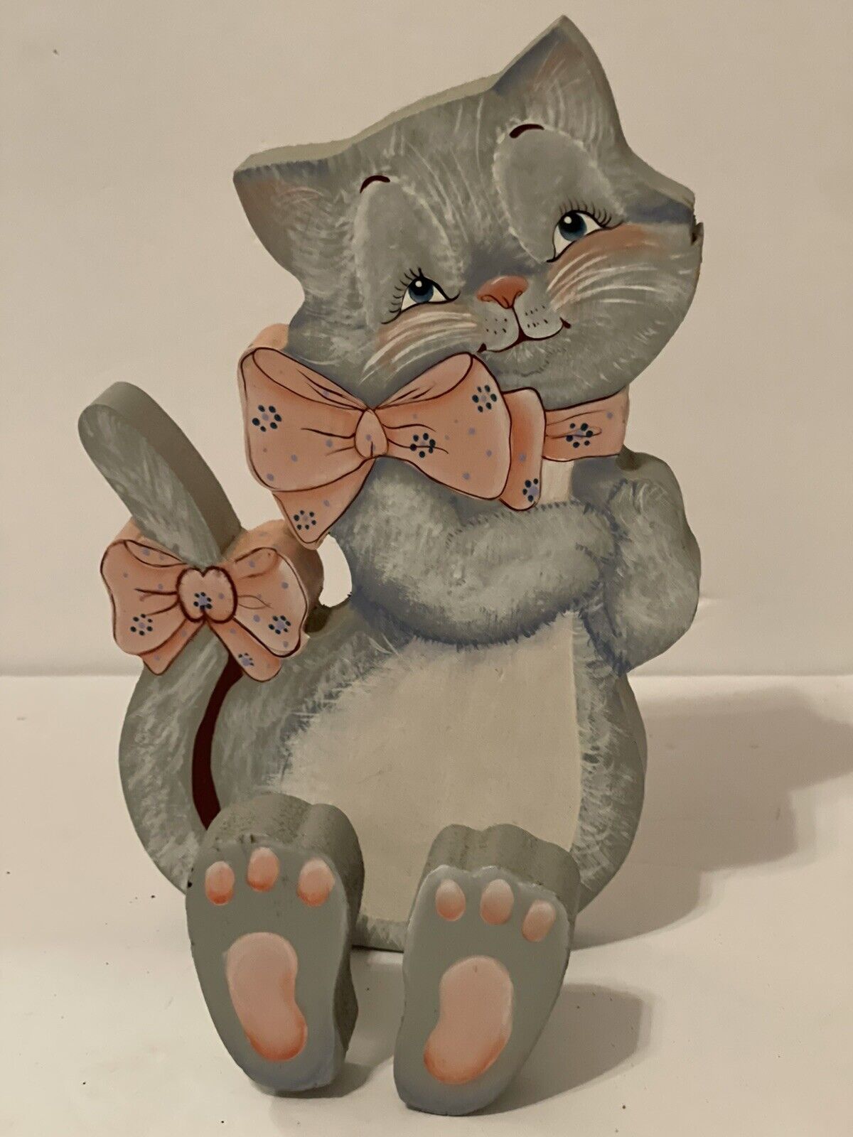 Handmade Wooden Gray Pink Cat Shelf Sitter 9” Tall Pink Bow Necklace & Tail Tole