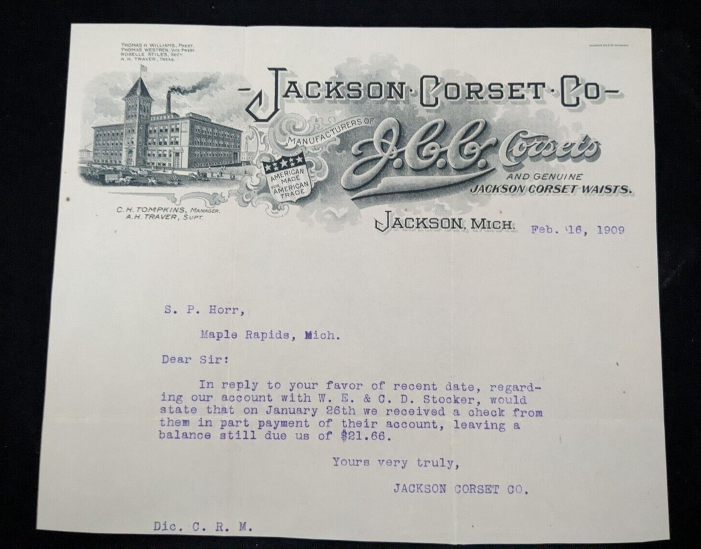 Antique 1909 JACKSON CORSET CO Letterhead ~ Jackson, MI