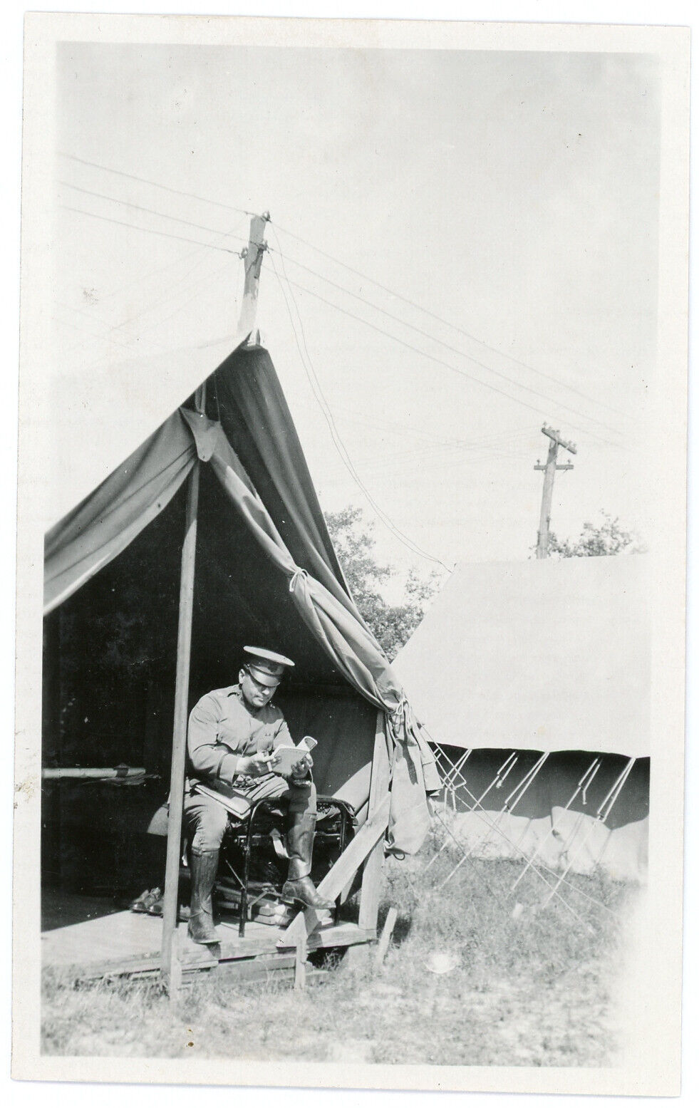 Soldier in Tent on Bed Reading Book Magazine Vintage Photo Officer Uniform 71