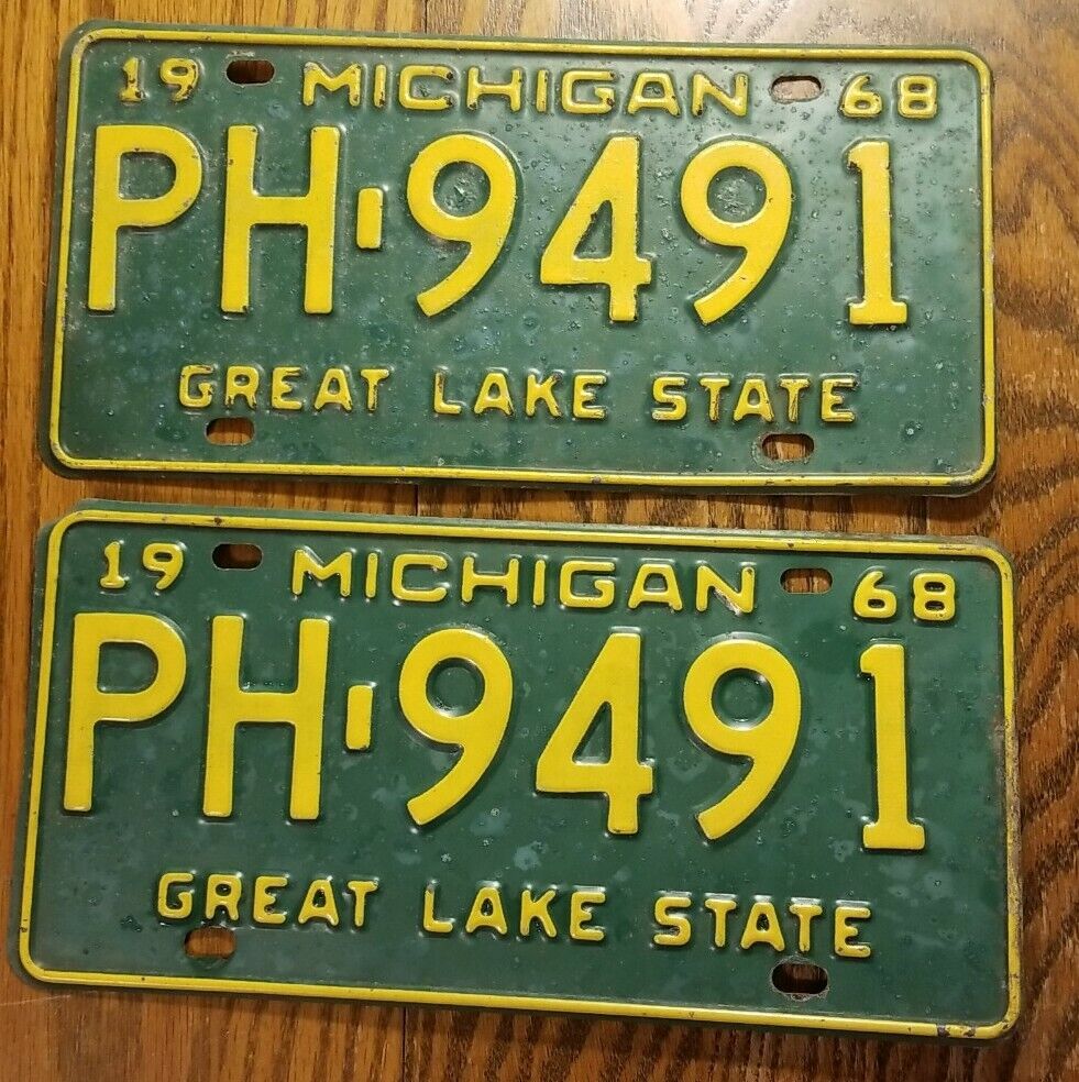 Pair of Vintage Michigan License Plates. 1968 Set Great Lake State PH 9491.