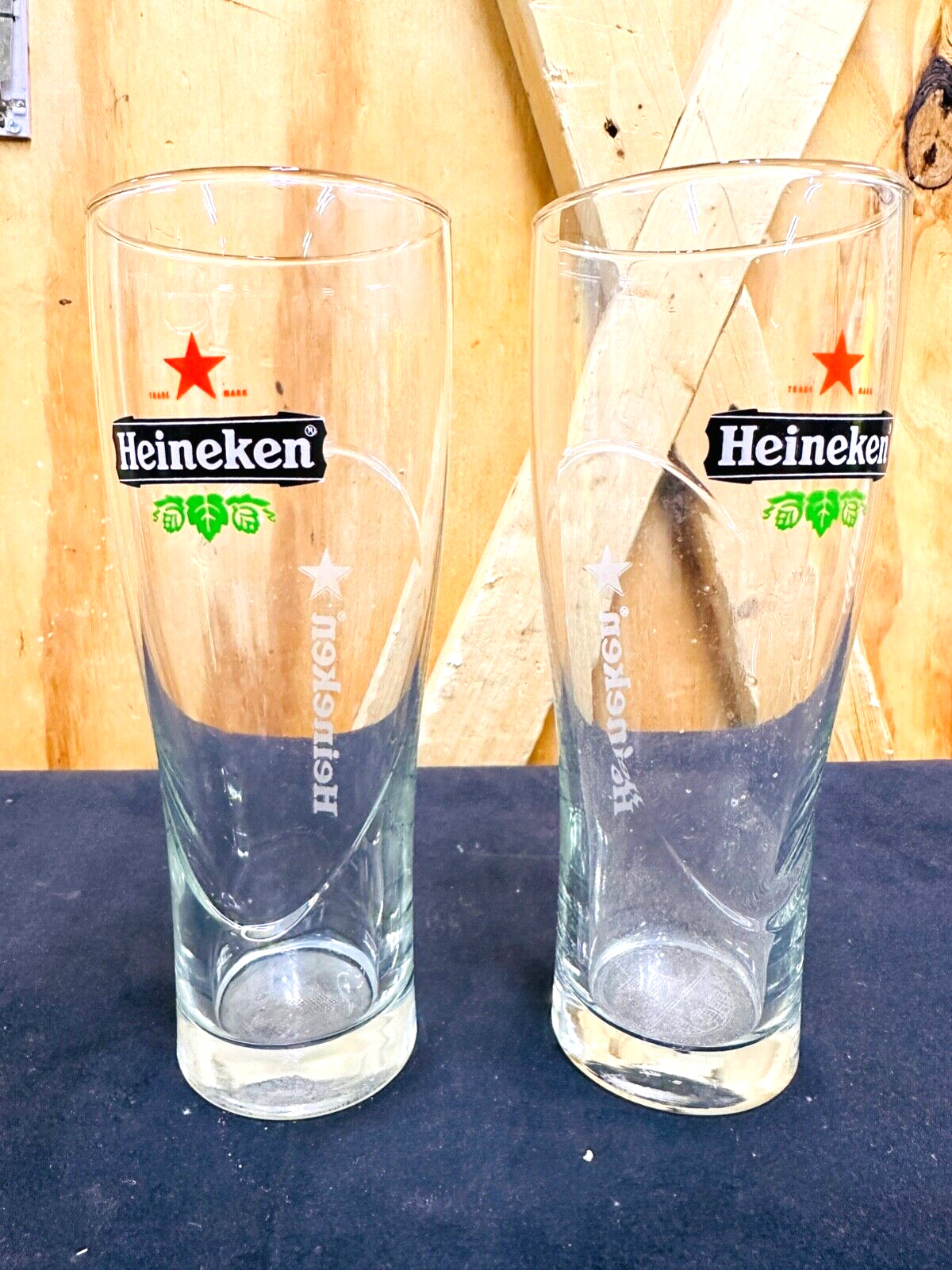 Pair of Heineken Red Star Holiday Branded Embossed Beer Glasses - New Old Stock