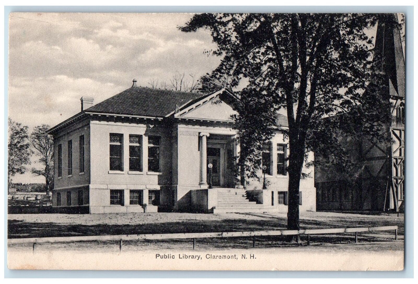 c1905s Public Library Exterior Roadside Claremont New Hampshire NH Tree Postcard