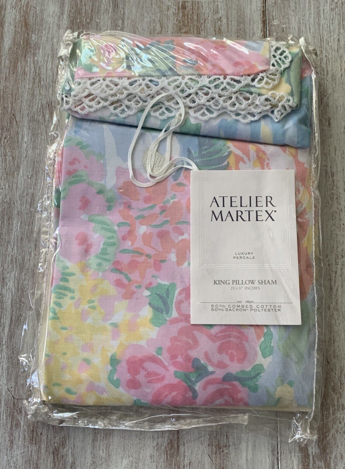 Vtg Atelier Martex MONET\'S LILIES Floral Pillow Sham King Percale Lace USA - NEW