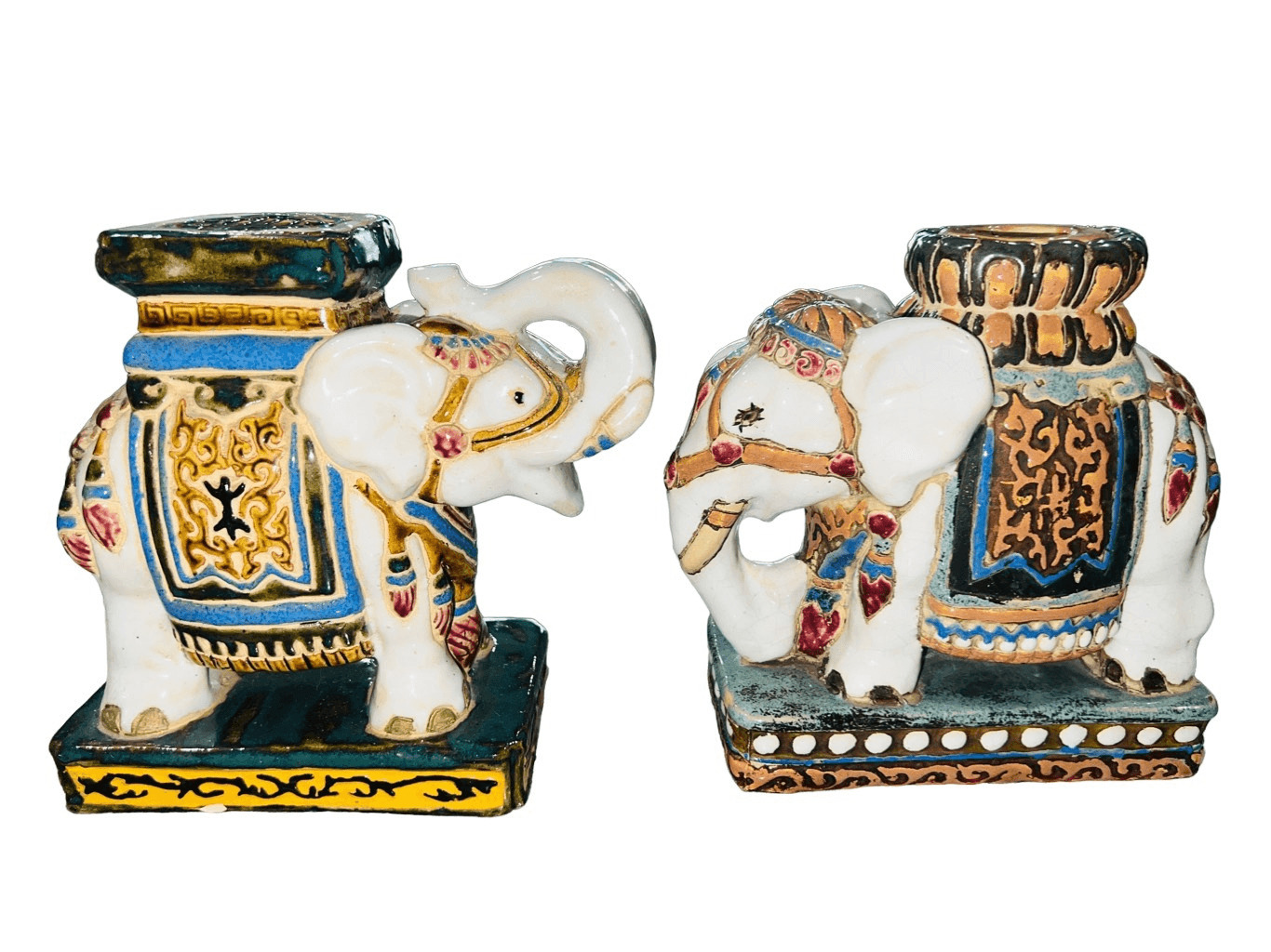 Pair of Vintage Chinoiserie Chinese Hand Painted Ceramic Glazed Lucky Elephants