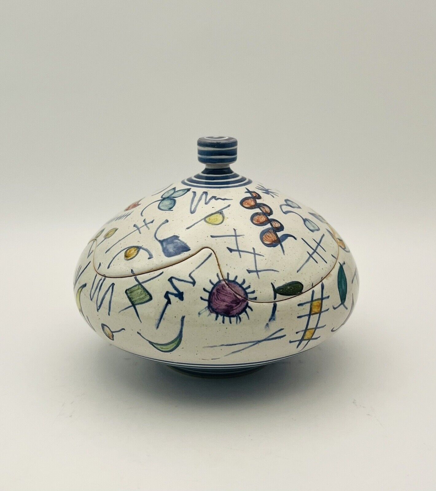 Orvieto Italy Round Ceramic Trinket Box & Asymmetrical Cut Lid Hand Painted 4”