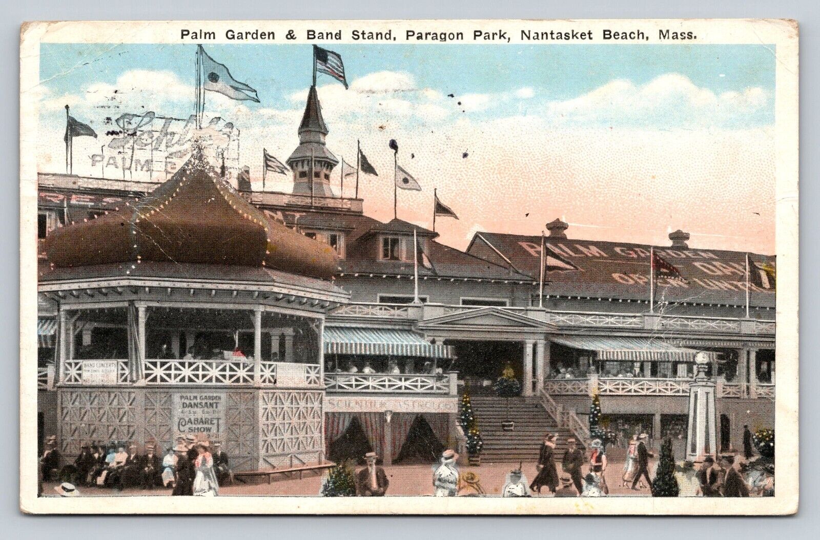 Palm Garden Band Stand Flags Paragon Park Nantasket Beach MA 1924 VTG Postcard