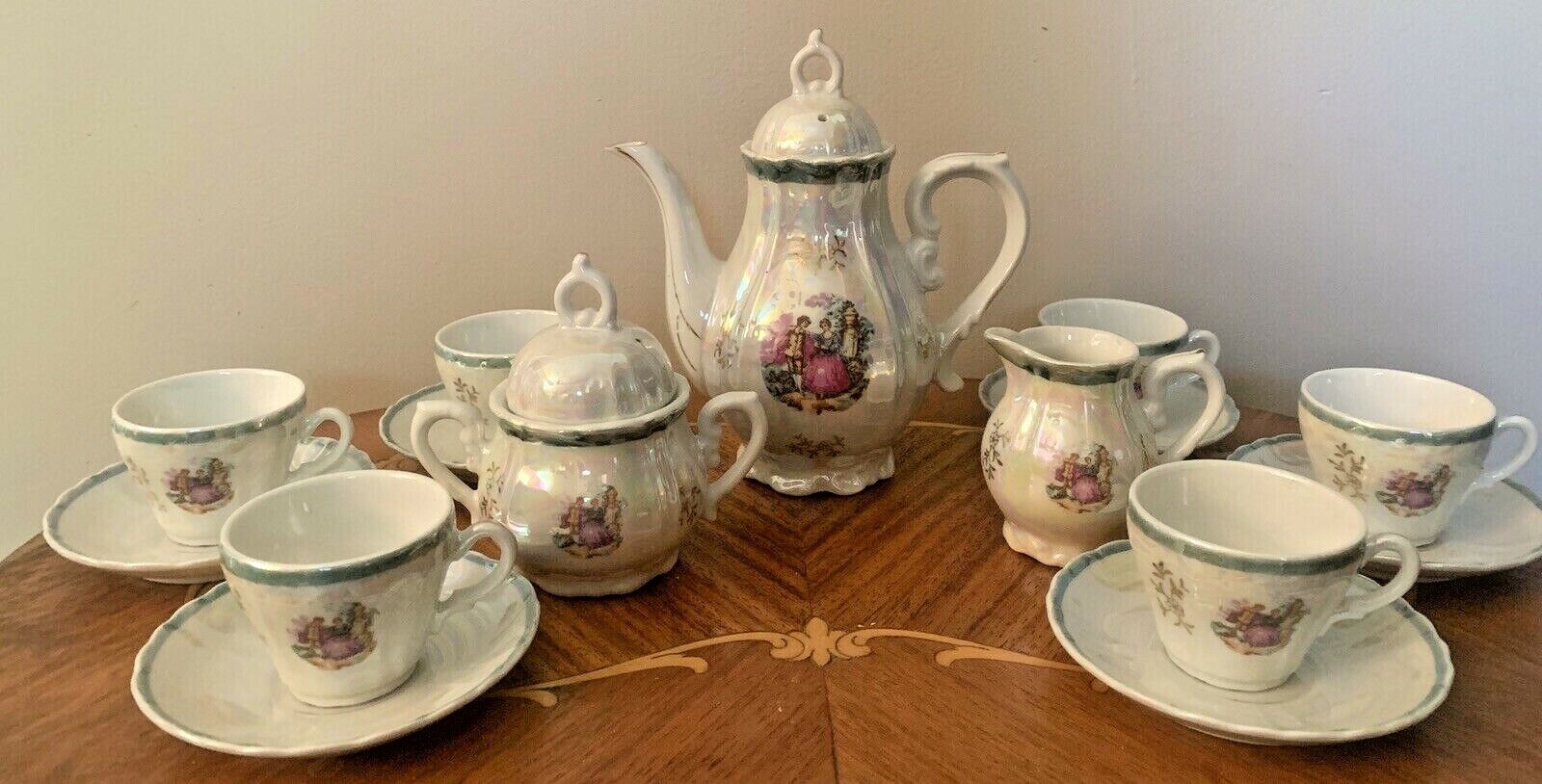 Unique Demitasse or Child\'s Tea Set 17 Pieces, Iridescent Lusterware Fragonard