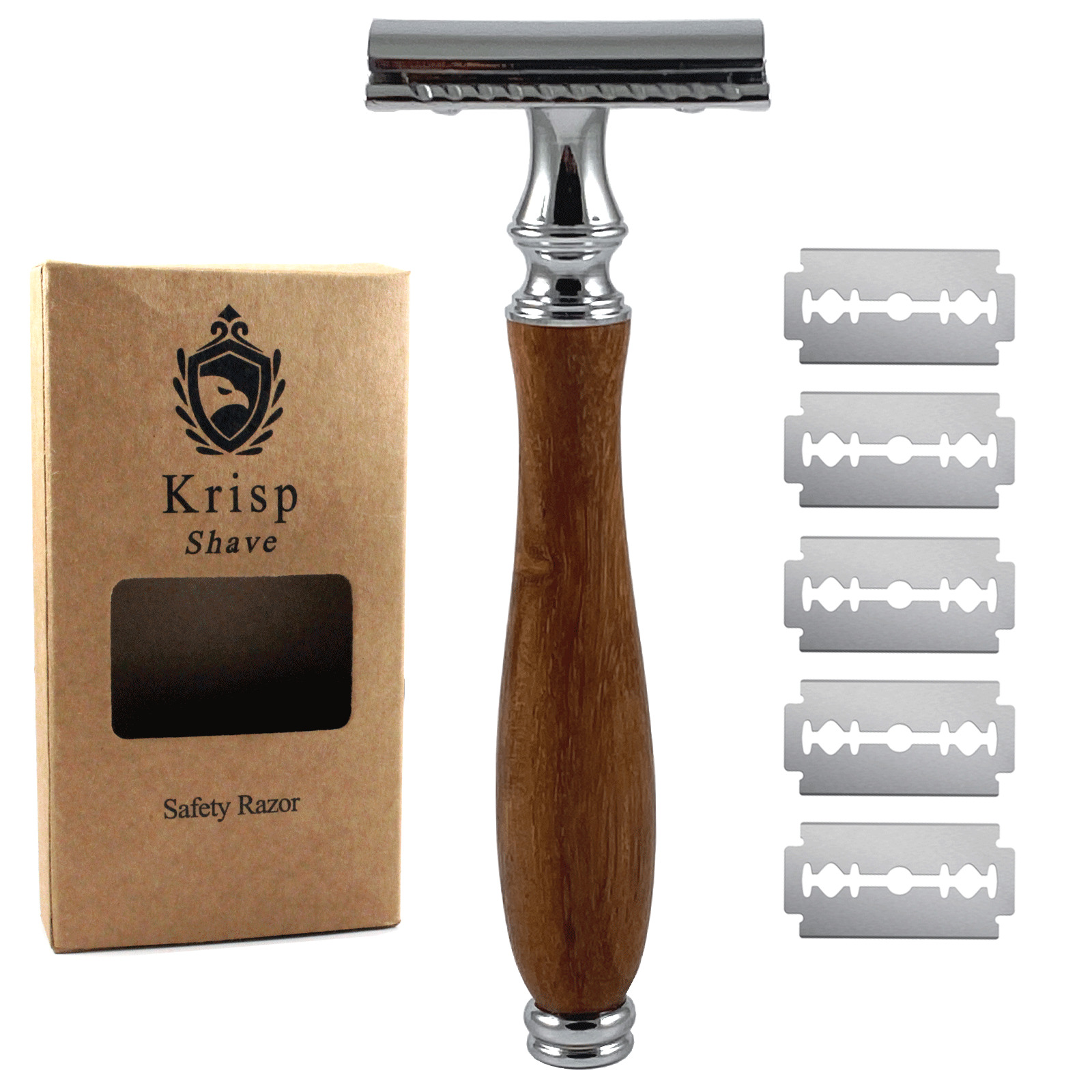 LONG WOODEN HANDLE DOUBLE EDGE SAFETY RAZOR FOR MEN BEARD WET SHAVE + 10 BLADES
