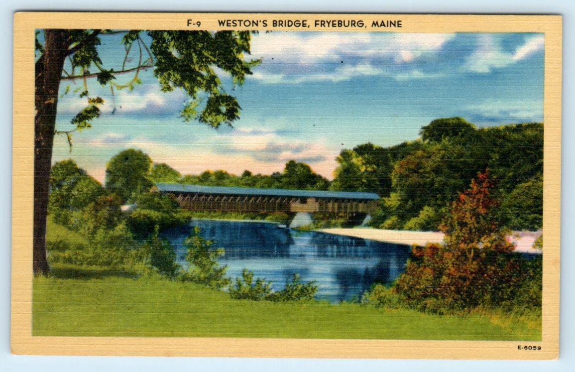 FRYEBURG, ME Maine ~WESTON\'S COVERED BRIDGE  c1940s Hartman Linen Postcard