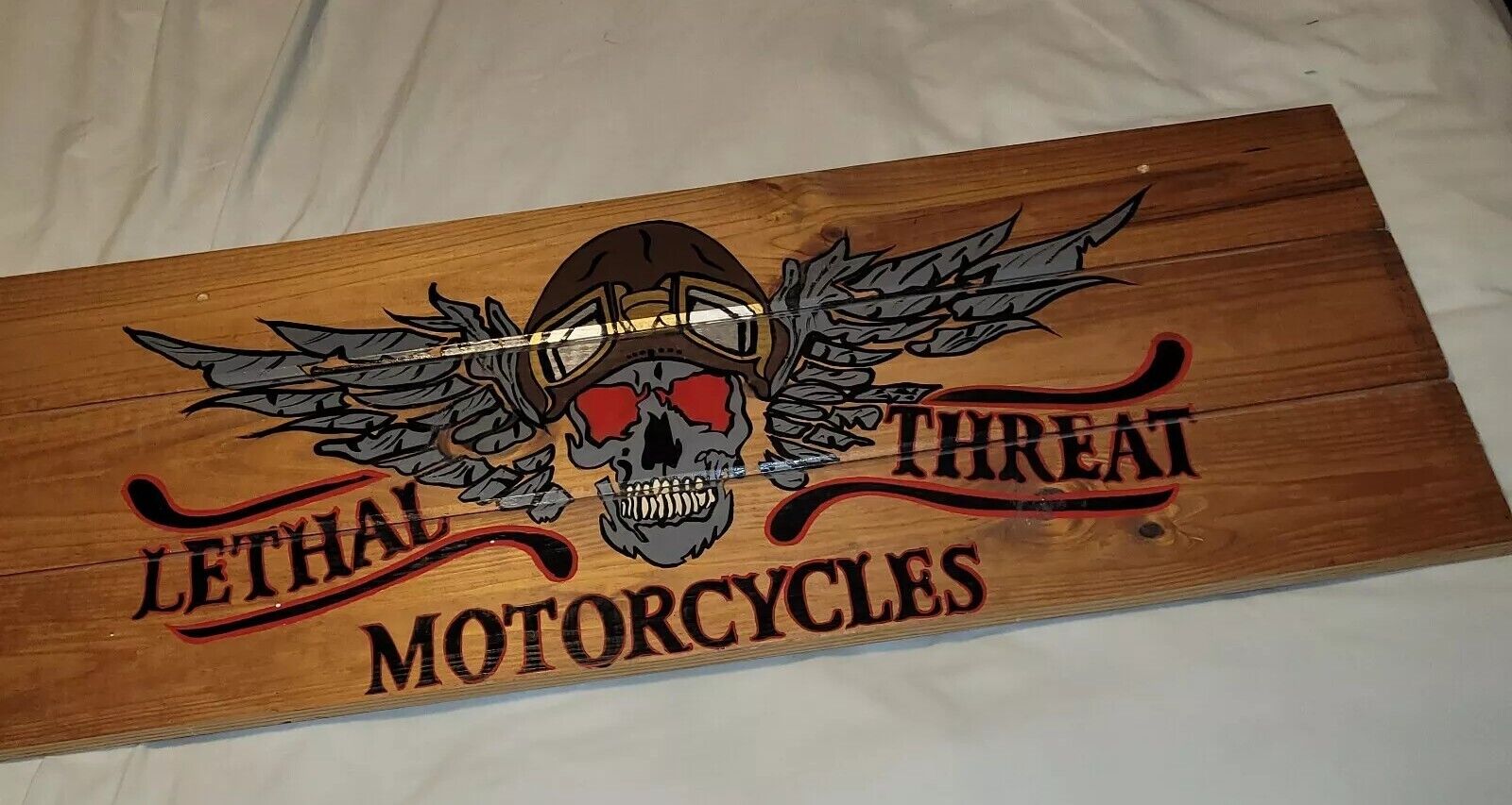 Handcrafted Wooden  Colorful Skull Wings Motorcycle Man Cave Biker Sign 🎱🏍️🏍