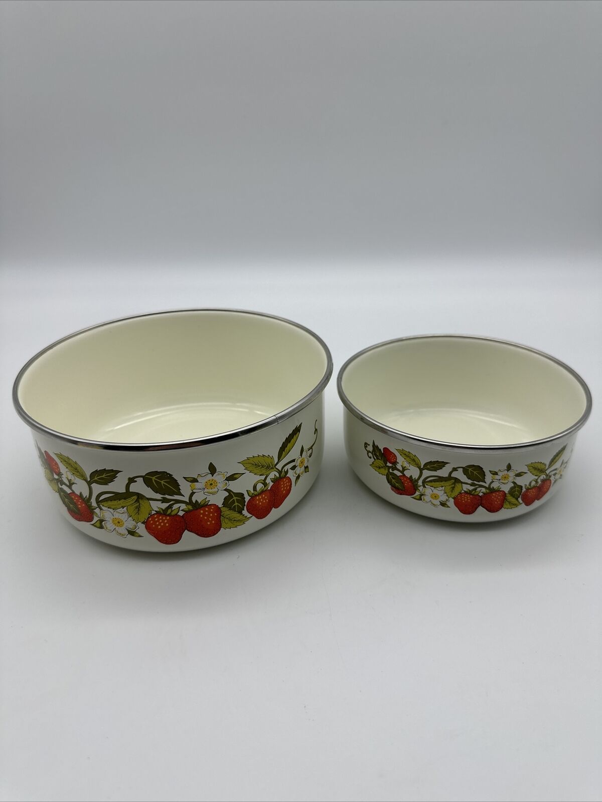 Vintage Enamel Metal Mixing Nesting Bowls Set Of 2 Kobe Kitchen Strawberry
