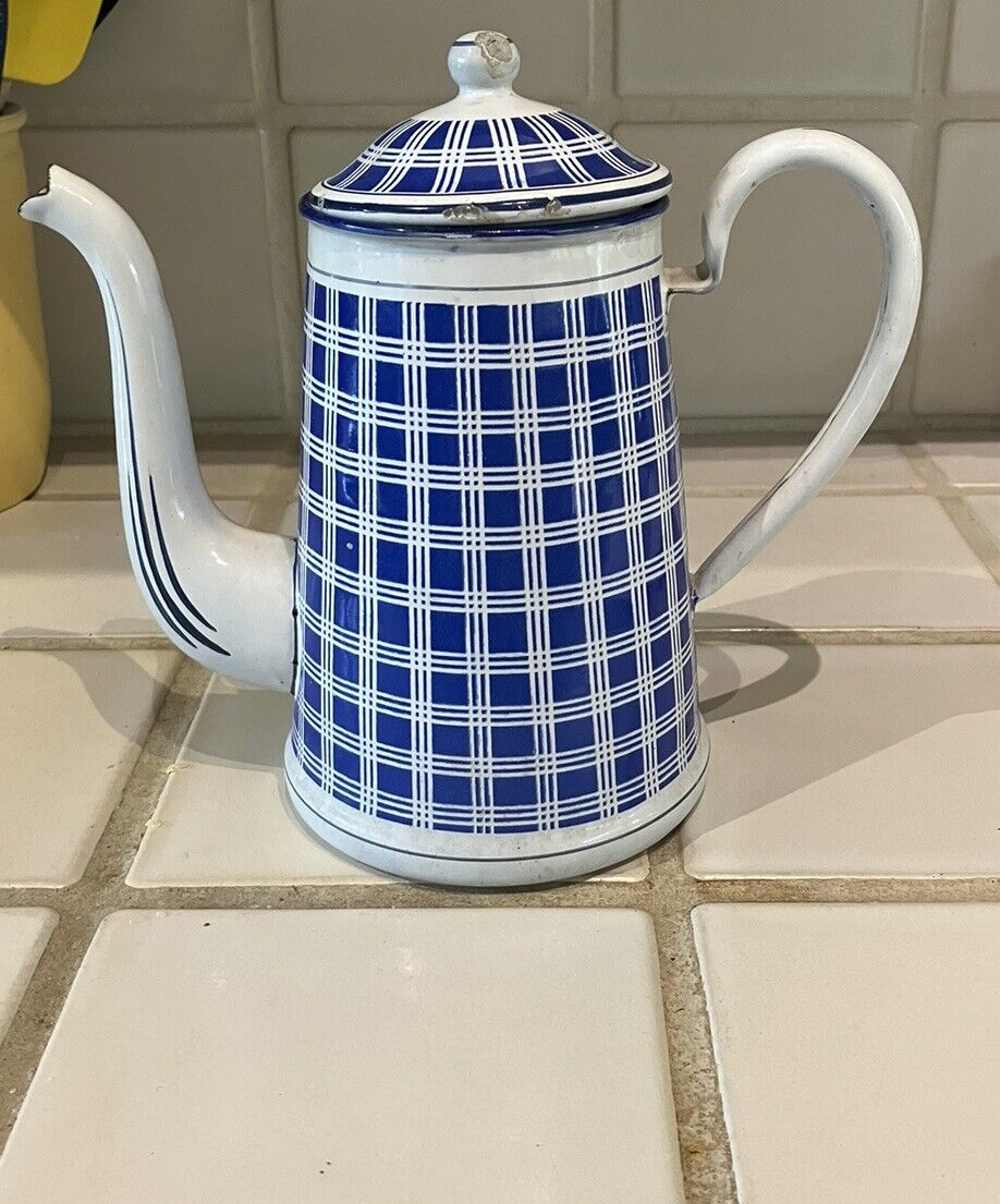 Antique B. B. Freres French Enamelware Blue and White Coffee Pot