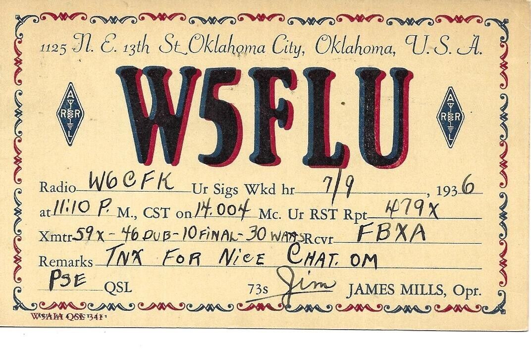QSL  1935 Oklahoma City OK     radio card