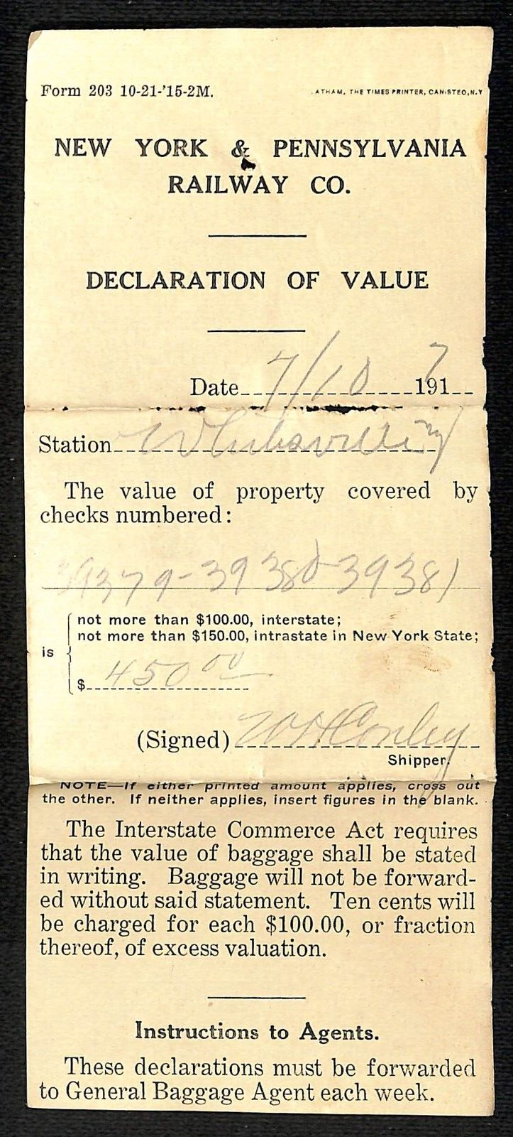 New York & Pennsylvania Railroad NYP July 10 1917 Declaration of Value Form