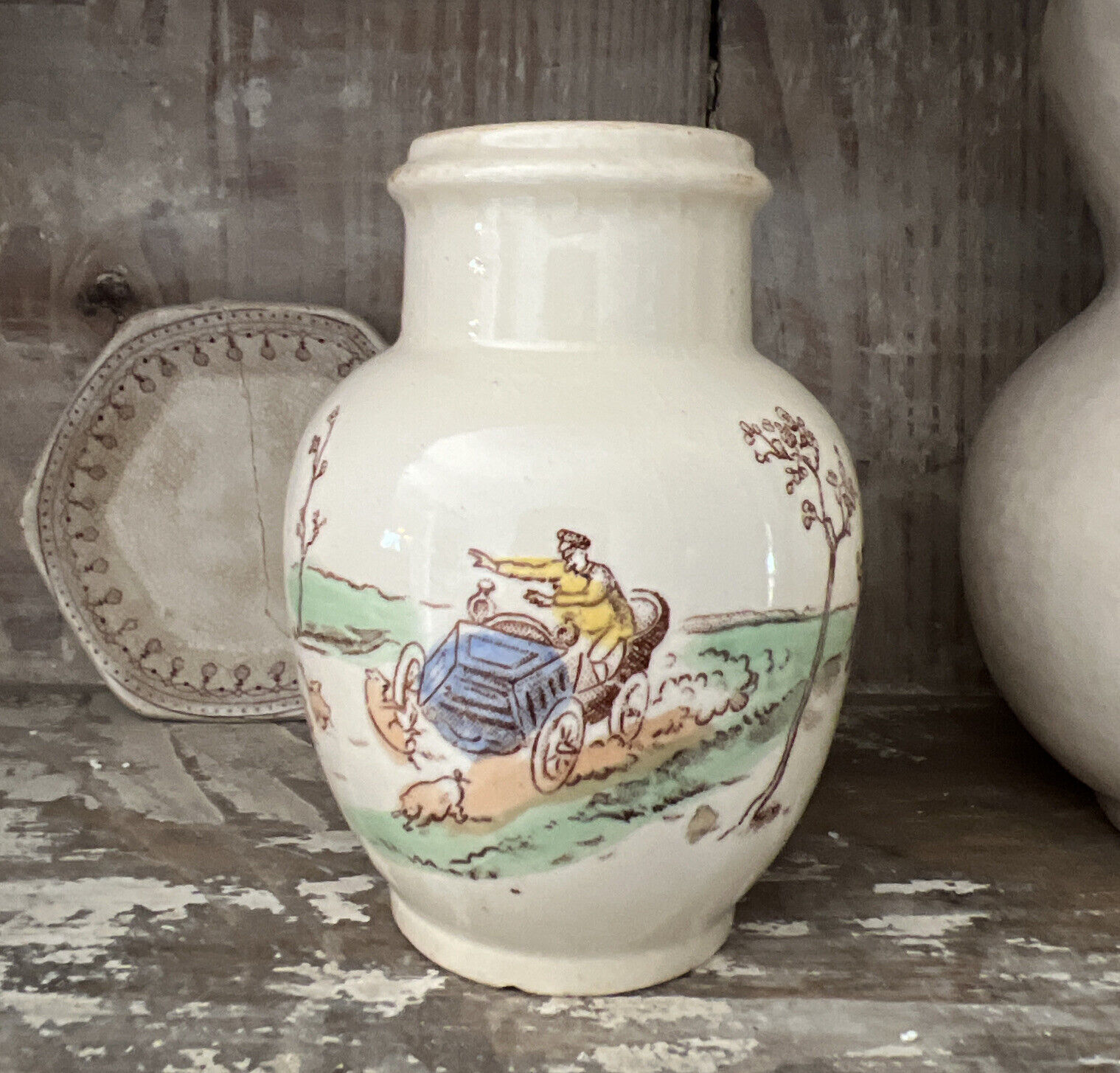 FRENCH Vintage PORCELAINE OPAQUE DE GIEN Vase Mustard Pot Jar With Car & Animals
